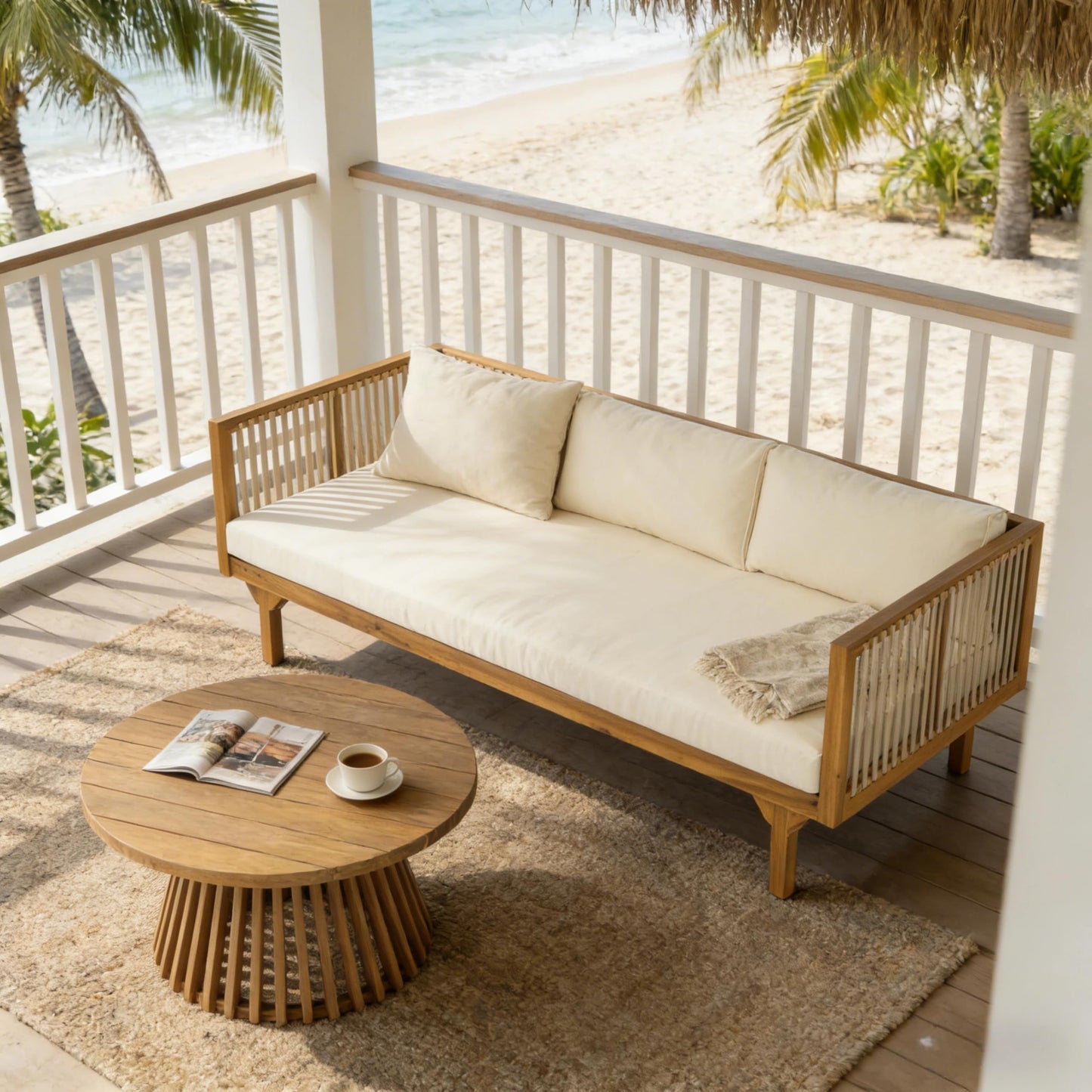 Merax Outdoor Acacia Wood Conversation Set - Patio 3-Seat Loveseat Sofa w/Coushion and Round Coffee Table for Backyard, Lawn, Balcony, Water Repellent, 600 lbs Sofa Capacity, Teak +Beige