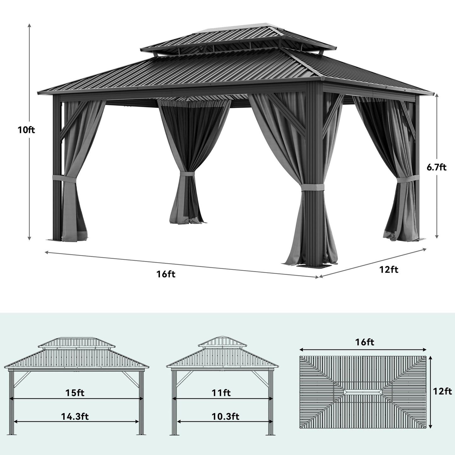YITAHOME 12x16ft Hardtop Gazebo with Nettings and Curtains, Heavy Duty Double Roof Galvanized Steel Outdoor Combined of Vertical Stripes Roof for Patio, Backyard, Deck, Lawns, Gray