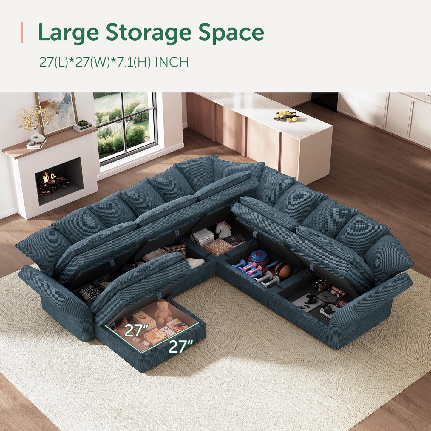 HONBAY Modular Sectional Sofa, 6 Seat U Shaped Corduroy Couch with Storage & Pillows, Convertible Sectional Couches for Living Room, Blue