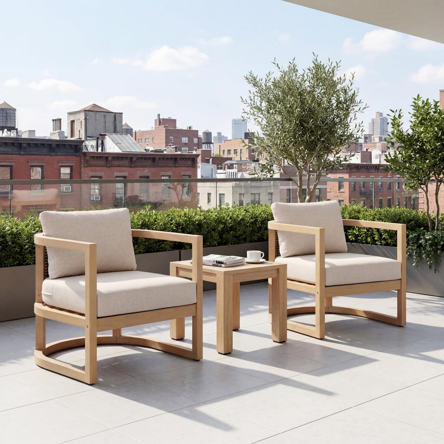 Merax Outdoor Acacia Wood Club Armchair wtih Coushions Set of 2, Patio Sofa Chair with Rattan-Woven Back, Sturdy Base for Porch, Lawn, Backyard, Balcony, Light Teak
