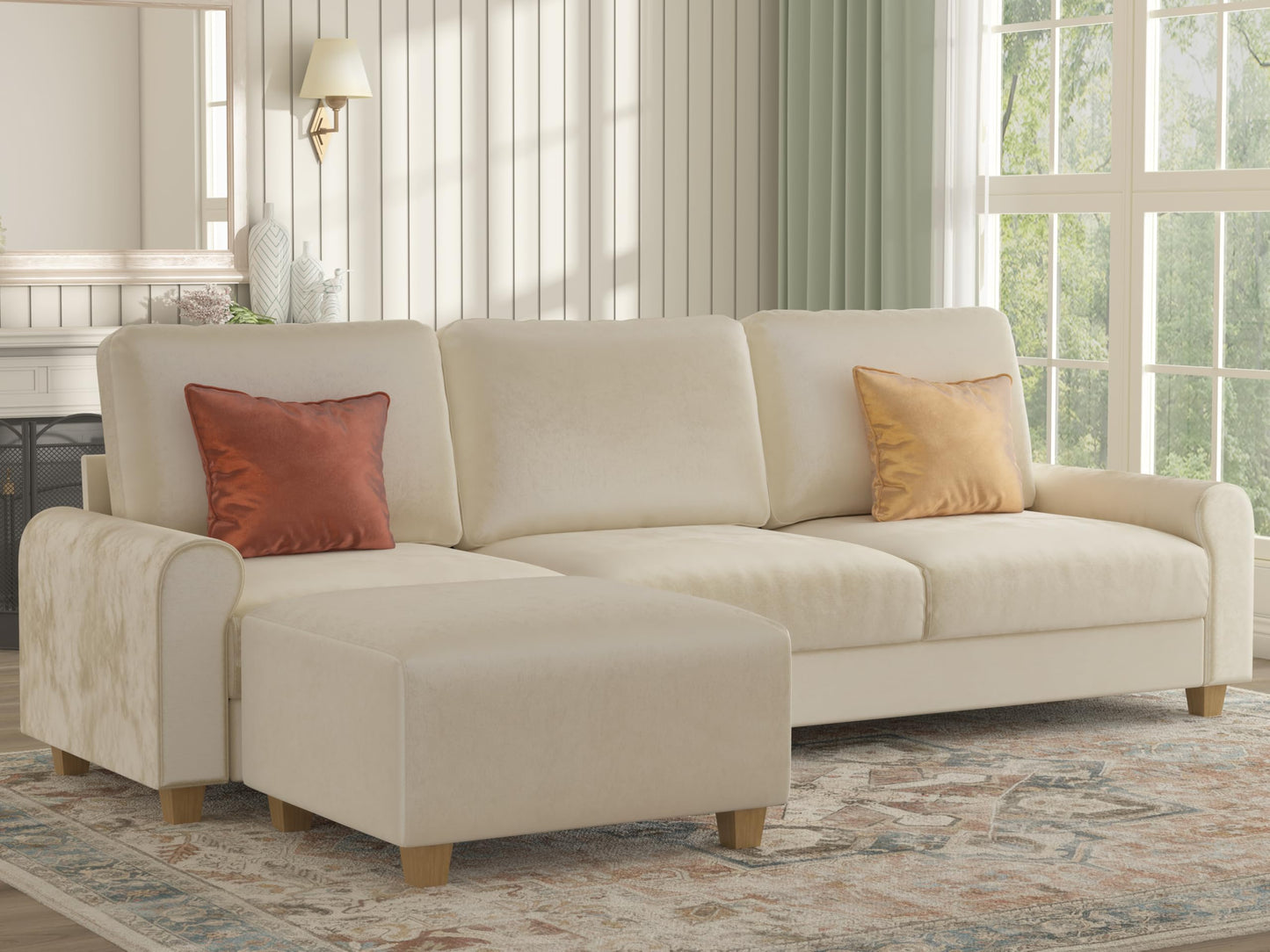 EASE MOOSE Large Seat Velvet L-Shaped Sofa, Soft 4 Seat Couch with Reversible Chaise, Comfy Sectional Modular Sofa with Removable Washable Covers for Living Room and Small Space, Beige