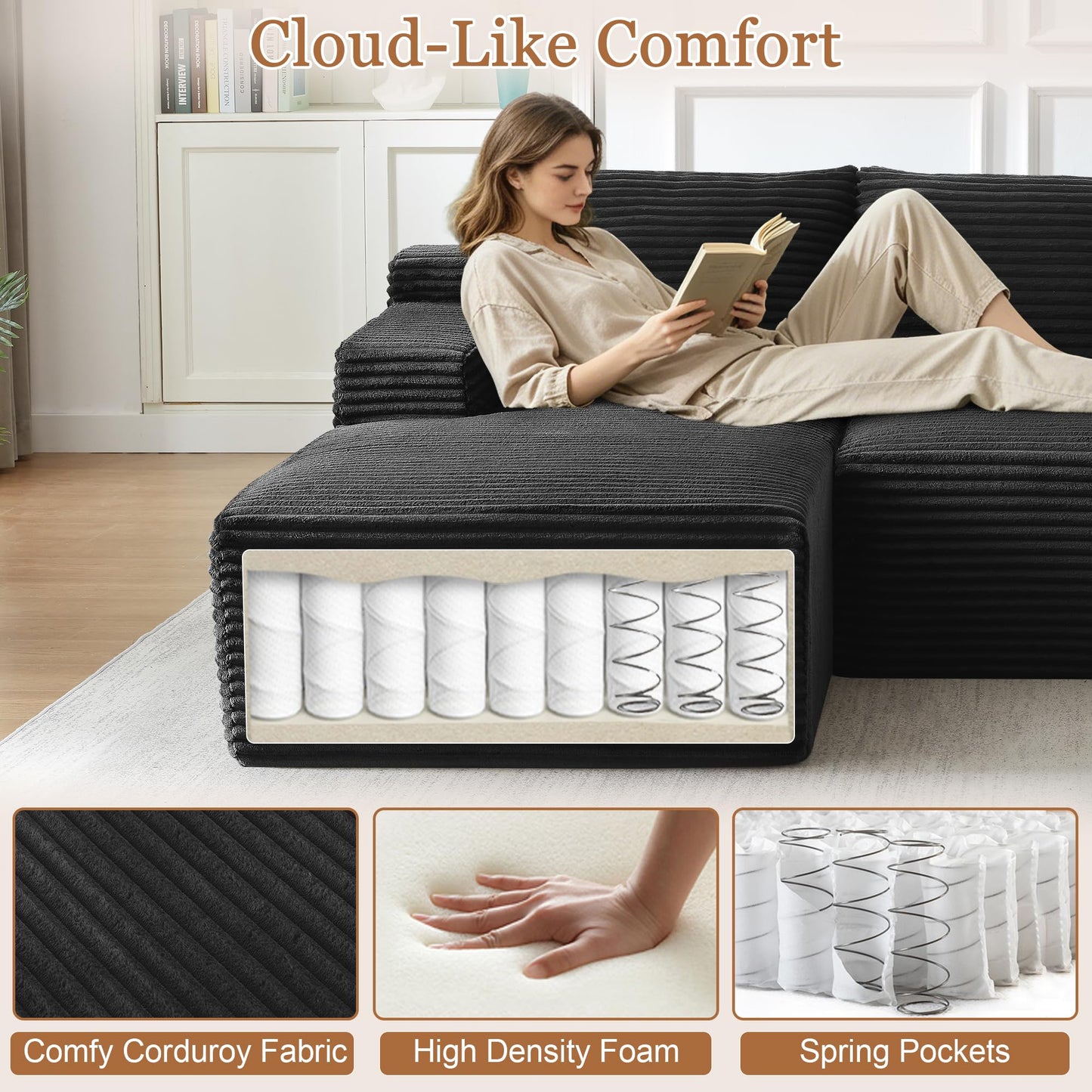 96" L Shaped Cloud Sectional Couch with Chaise, Deep Seat Modular Sectional Sofa Corduroy Memory Foam Sofa Boneless Couches for Living Room Bedroom, No Assembly Required