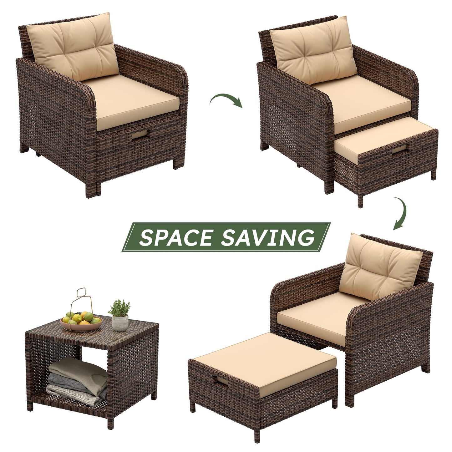 LHBcraft Outdoor Furniture 5 Piece Patio Conversation Set, PE Rattan Patio Set with Soft Cushions & Coffee Table, Outside Furniture with Hidden Ottoman for Porch, Lawn, Garden, Balcony, Brown
