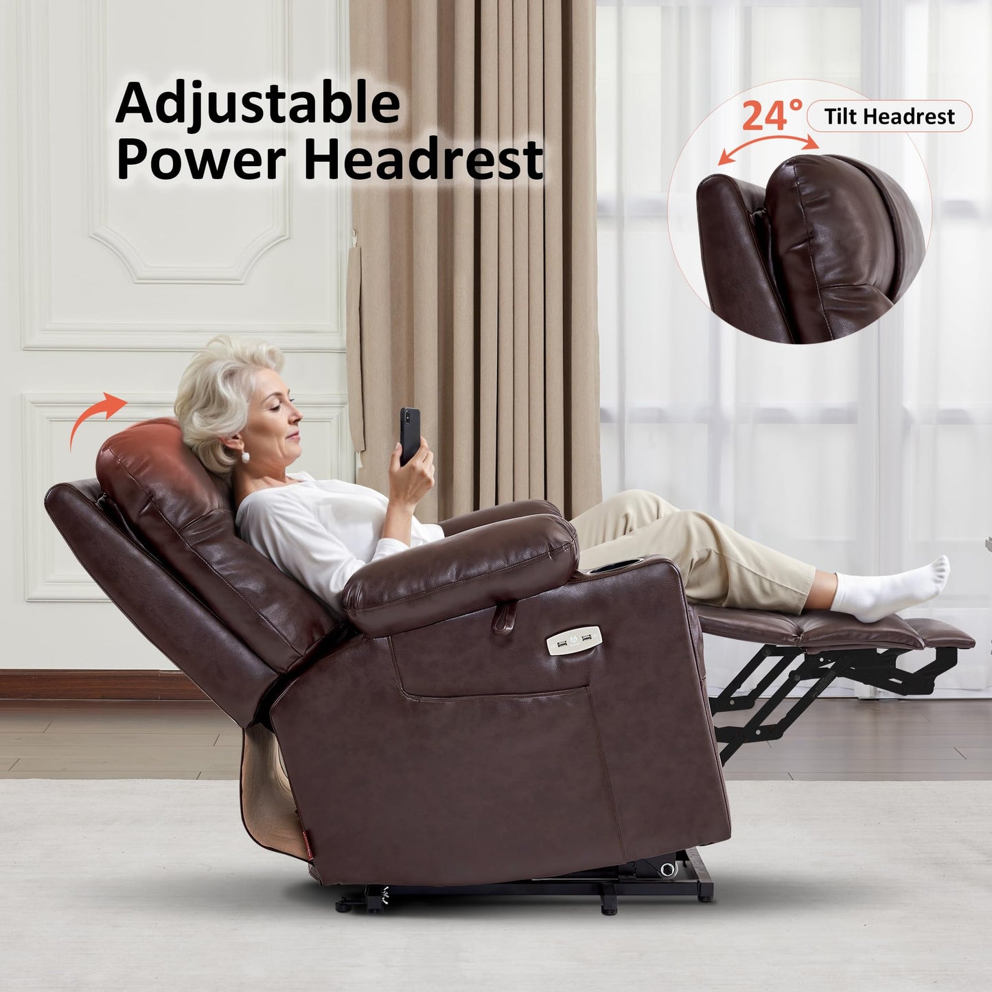 MCombo Small Power Lift Recliner Chair Sofa with Massage and Dual Heating, Adjustable Headrest for Elderly People Petite, USB Ports, Faux Leather 7111 (Dark Brown)