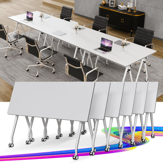 Conference Table with Wheels, Folding Conference Table with Knob & 4 Brake Casters, Modular Flip Top Mobile Conference Room Table for Office, Meeting, Training Room, Class (6, White, 55.1in)