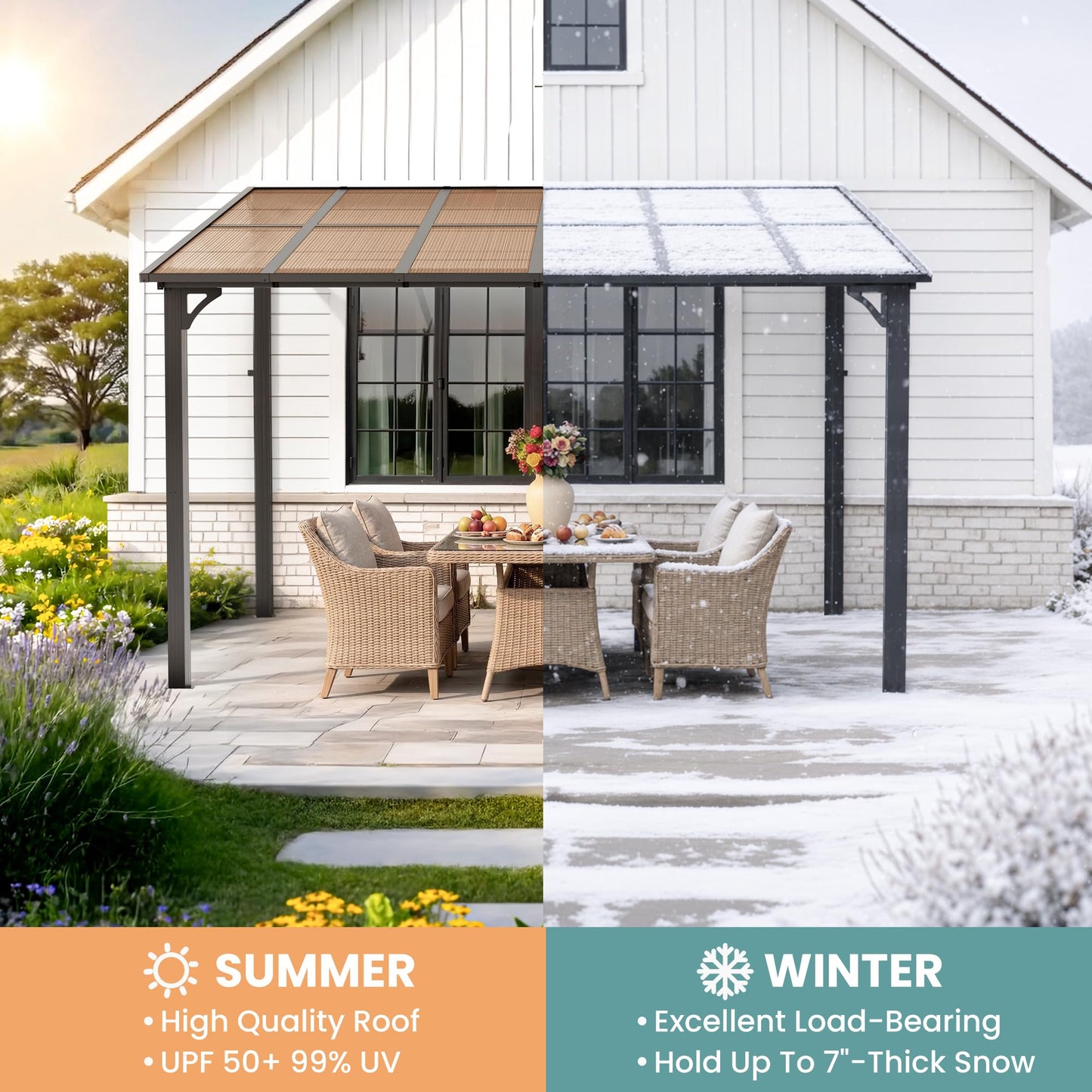 Pamapic 10x10FT Wall Mounted Gazebo, Hardtop Lean to Gazebo with Aluminum Frame & UV Resistant Polycarbonate Roof, Outdoor Patio Awning for Deck, Porch, Lawn & Backyard