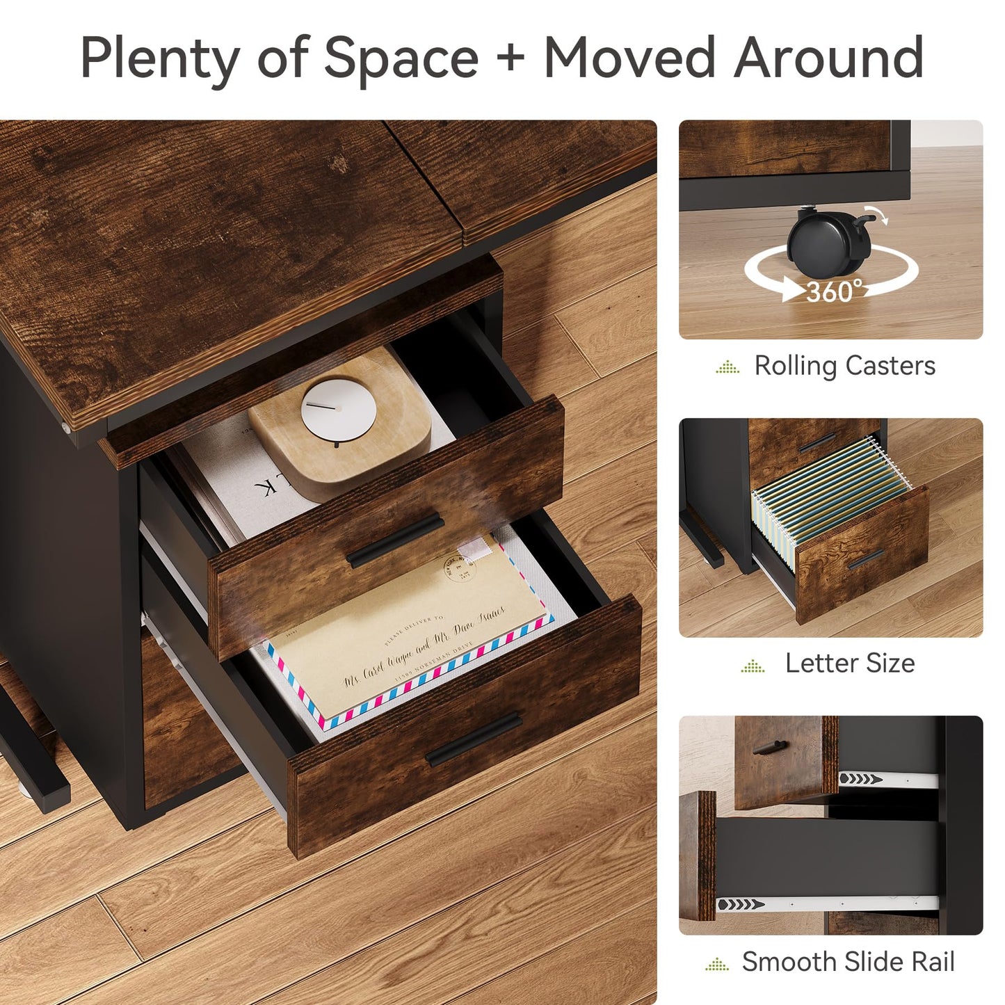 LITTLE TREE 83 Inch L-Shaped Office Desk with Drawers, Large Executive Office Desk with Storage, Wooden Computer Desk with File Cabinet, Modern Work Desk for Home Office, Brown