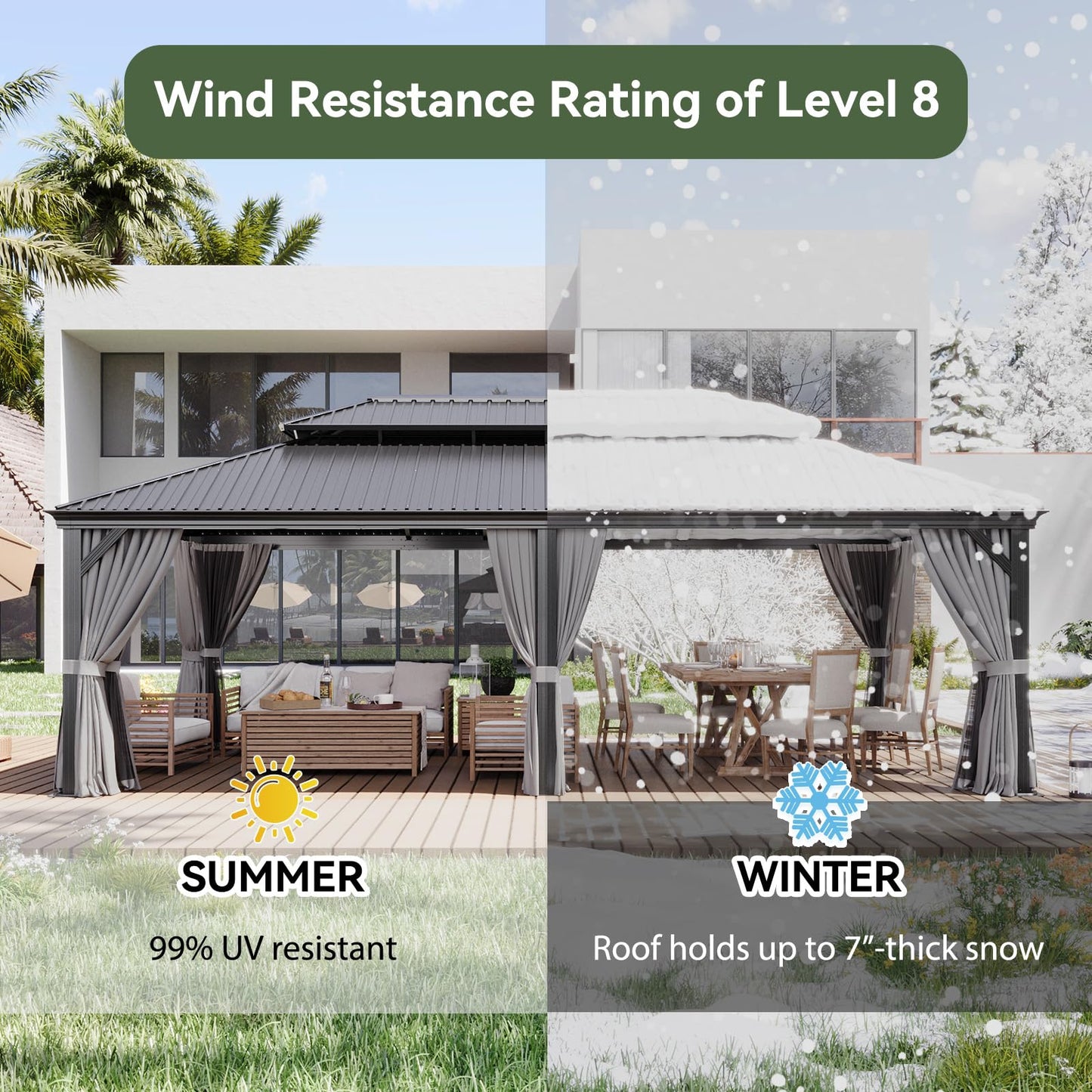 Aoxun 14' X 24' Hardtop Gazebo with Drainage System, Aluminum Outdoor Gazebo with Galvanized Steel Double Roof, Patio Permanent Metal Pavilion with Netting, for Garden, Deckyard, Grey