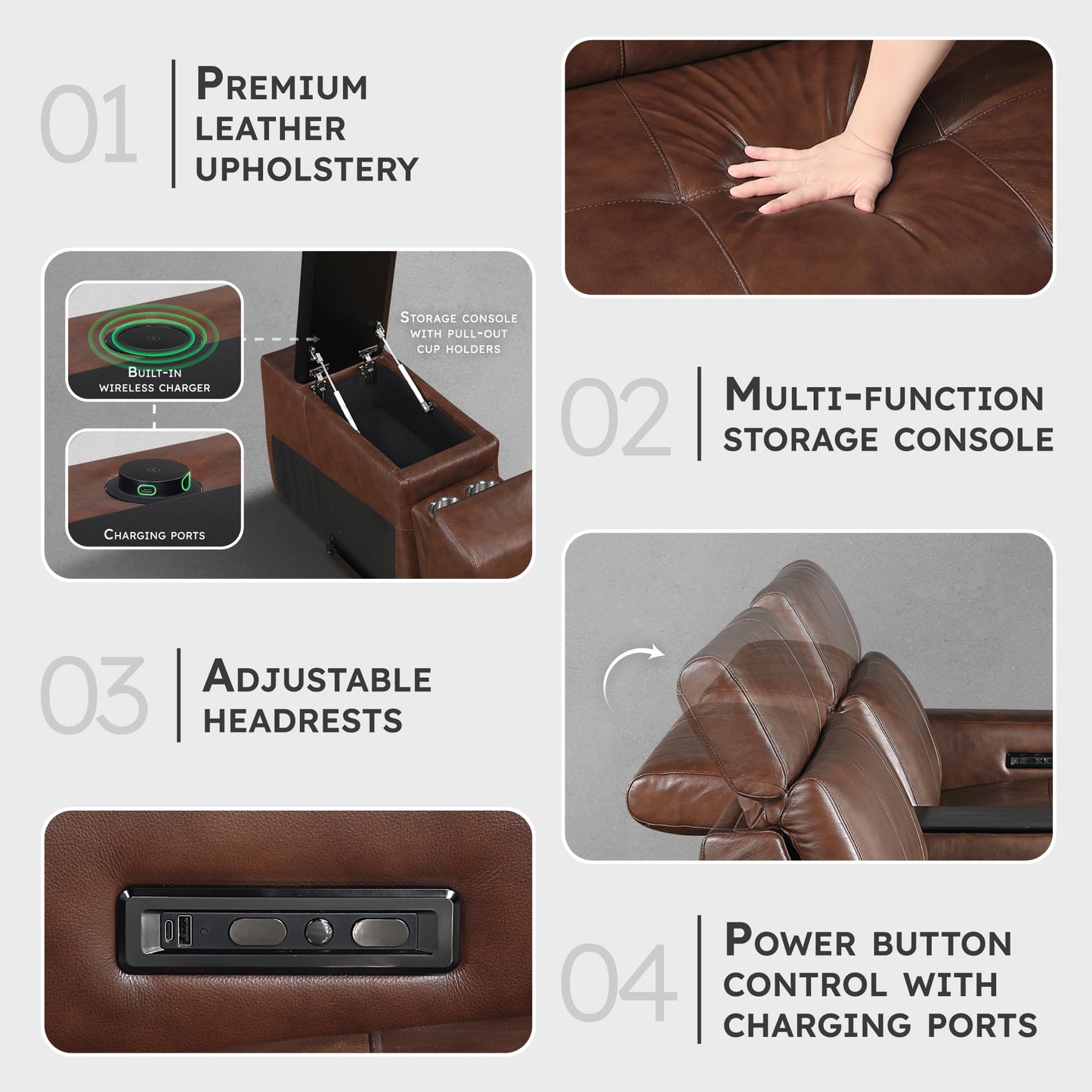 Lexicon Sectional Couches for Living Room-Modular Sectional Sofa, 5 Seater L Shaped Couch, Storage Console, Power Headrests, Charging Ports, 3 Wall Hugger Recliner Seats, Top Grain Leather Brown