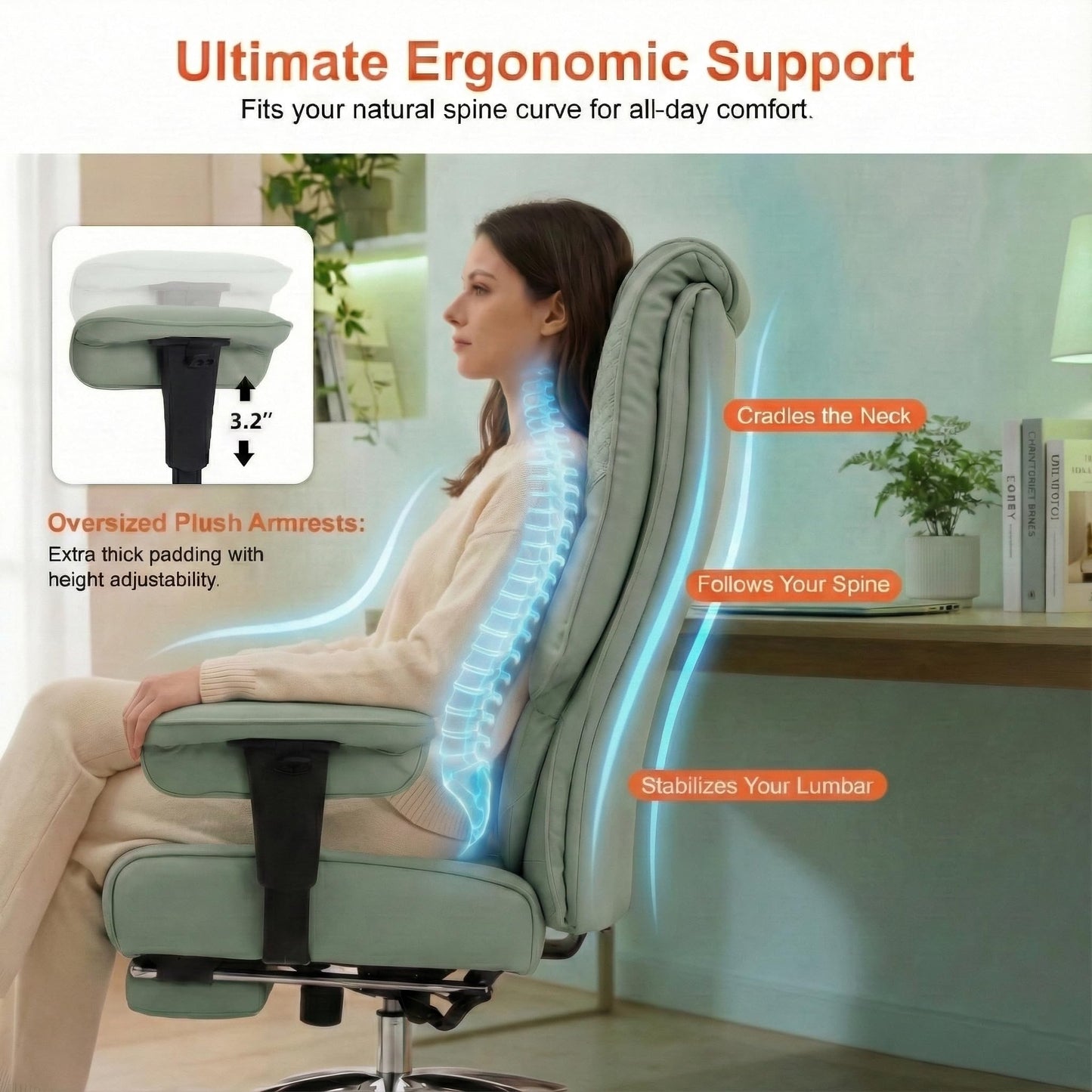 EXCEBET Big and Tall Office Chair 400lbs Wide Seat, Leather High Back Executive Office Chair with Foot Rest, Ergonomic Chairs Lumbar Support for Lower Back Pain Relief (Light Green)