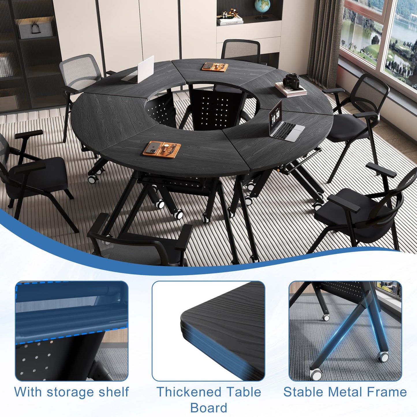 JFazzruit Folding Conference Table,Fan-Shaped Conference Room Tables with Wheels, Mobile Modular Seminar Meeting Desk for Classrooms,Office & Seminar (8, Fan-Black)