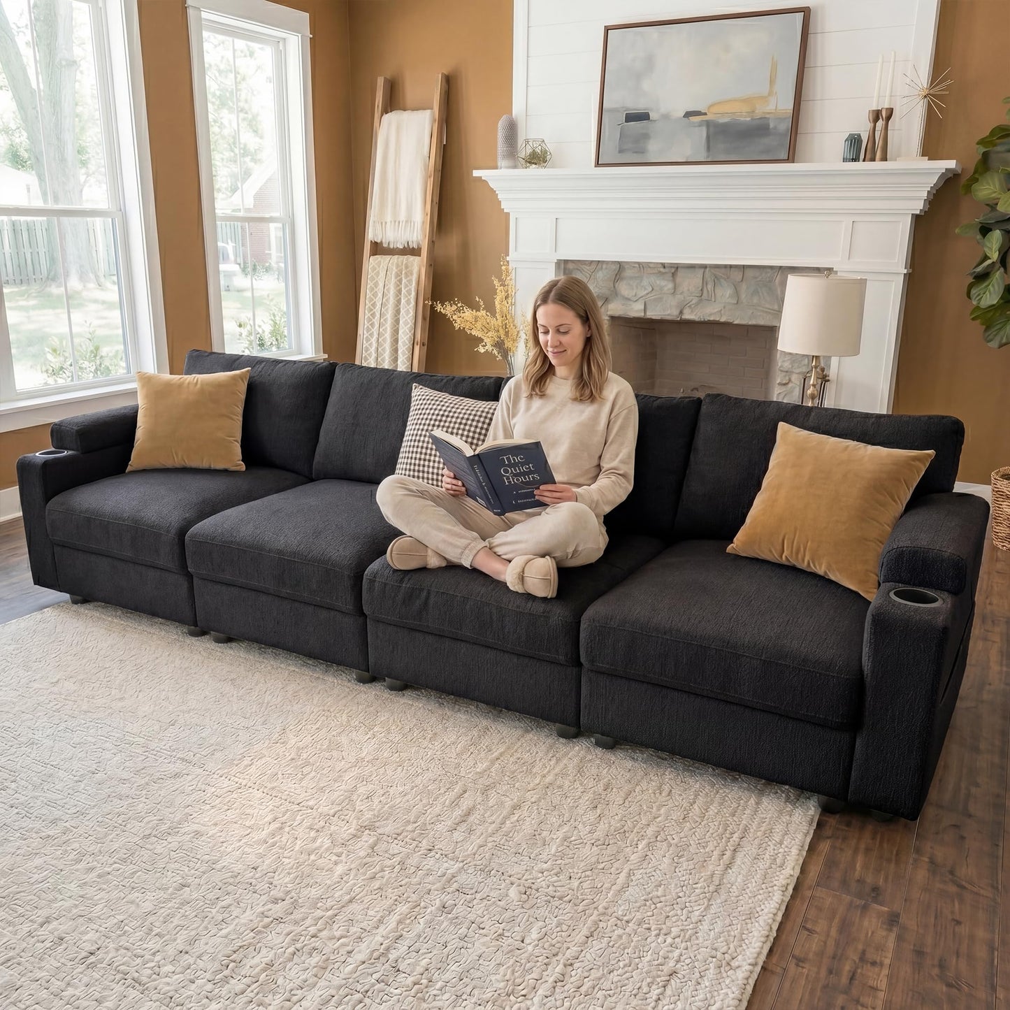 Sectional Couches for Living Room FSC Certified Velvet Modular Couch Oversized Cloud U Shaped Convertible Sleeper Sofa Chaise Detachable Armrest Cushion (Chenille Black, 4 Seat)