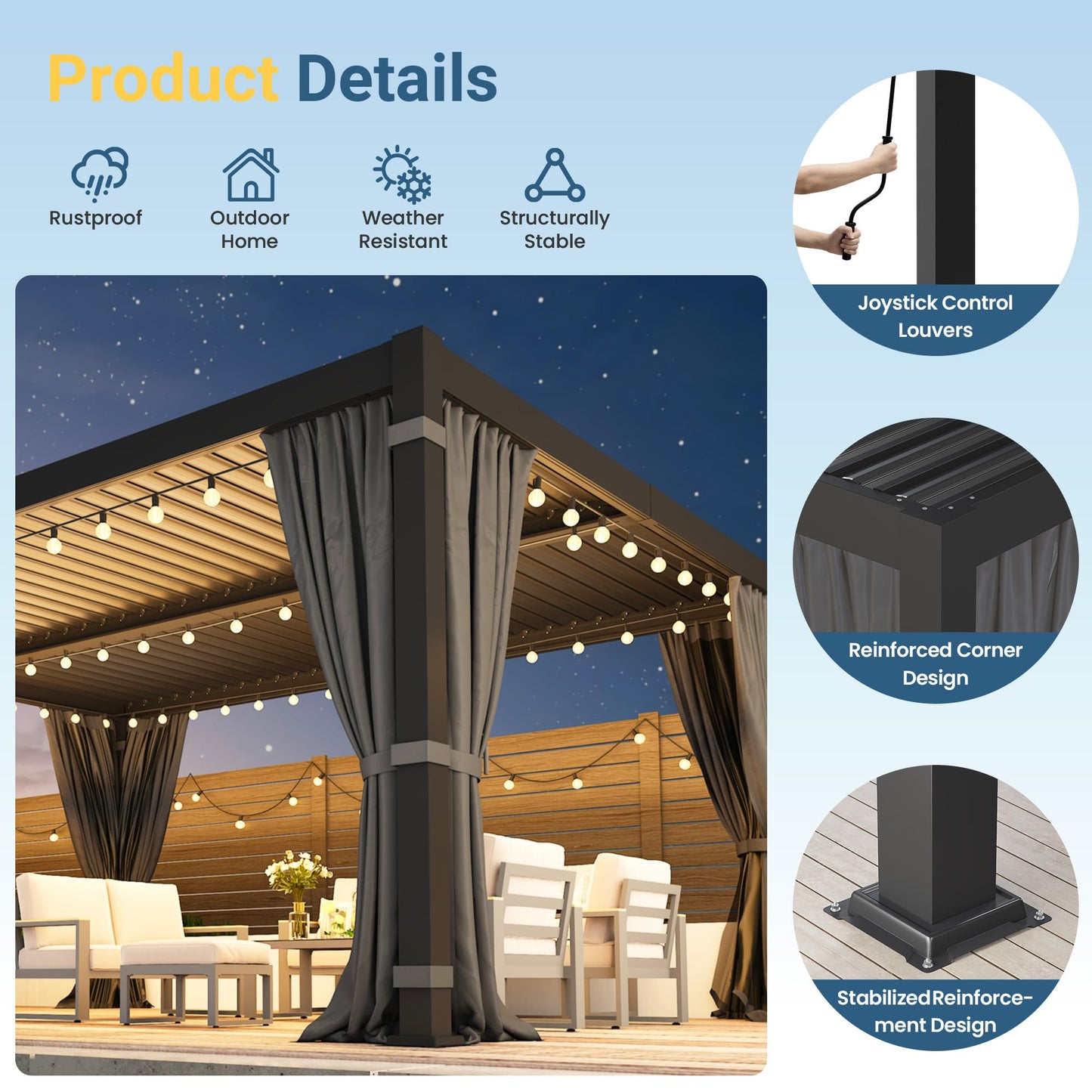 12' x 16' Louvered Pergola, Metal Outdoor Pergola with Adjustable Louvered Roof, Curtains & Netting, Gutter System, Hardtop Patio Gazebo for Patio, Deck, Garden, Yard, Dark Gray
