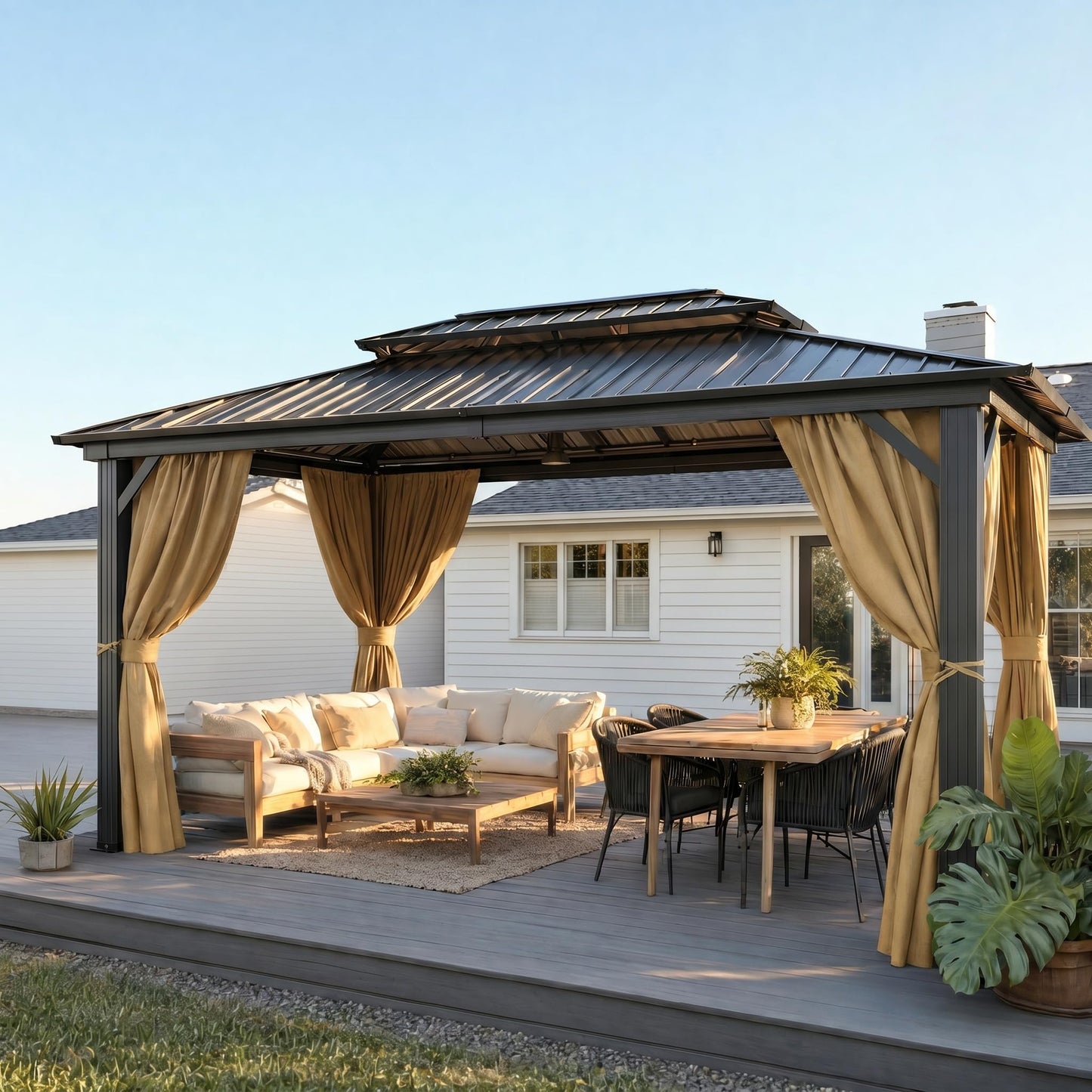 HOTEEL 10x15 Hardtop Gazebo with Flame-Retardant Curtain & Netting, Hot Tub Gazebo with Galvanized Steel Double Roof, Heavy Duty Permanent Pavilion Outdoor for Patio, Frame Thickened, Brown