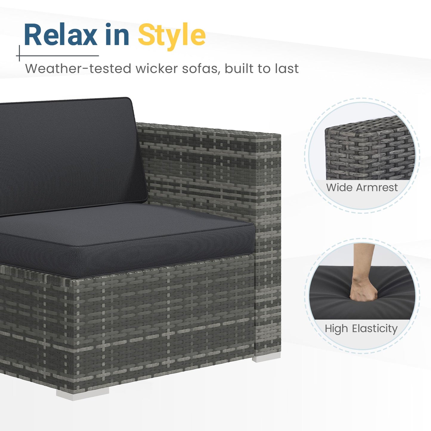 Wisteria Lane Outdoor Patio Furniture Set, All Weather Wicker Rattan Sectional Sofa, Patio Conversation Set with Cushions & Glass Coffee Table for Backyard Porch Garden Balcony, Grey