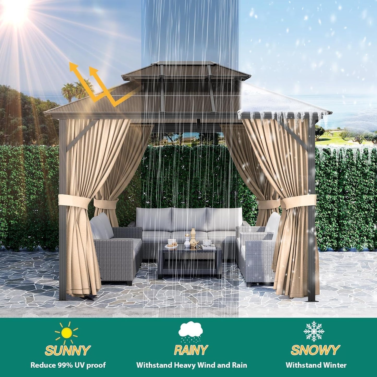 10'X13' Hardtop Gazebo, Galvanized Steel Aluminum Frame with Double Roof, Heavy-Duty Outdoor Patio Gazebo with Curtains & Netting for Backyard, Deck, Porch, Garden, Lawn, Khaki