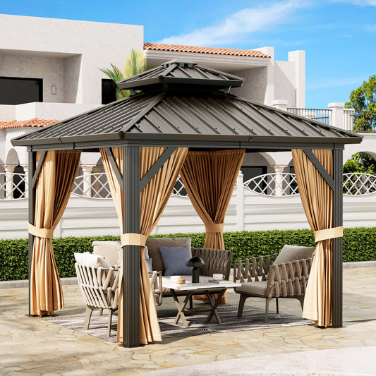 10'x10' Hardtop Gazebo, Heavy Duty Aluminum Permanent Hardtop Gazebo Outdoor Pavilion with Curtains and Netting for Garden