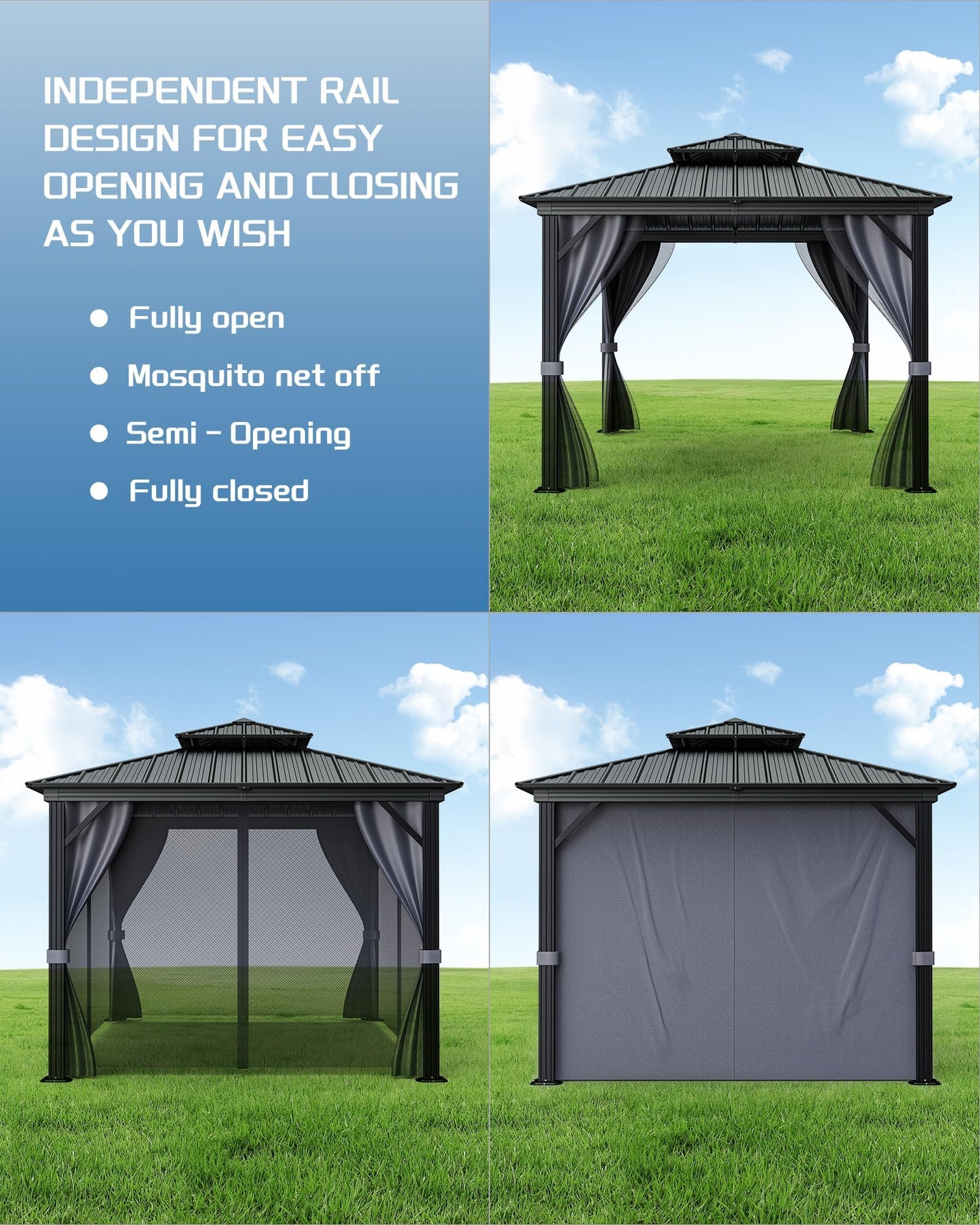 12'X12' Hardtop Gazebo, Galvanized Steel Aluminum Frame with Double Roof, Heavy-Duty Outdoor Patio Gazebo with Curtains & Netting for Backyard, Deck, Porch, Garden, Lawn, Grey