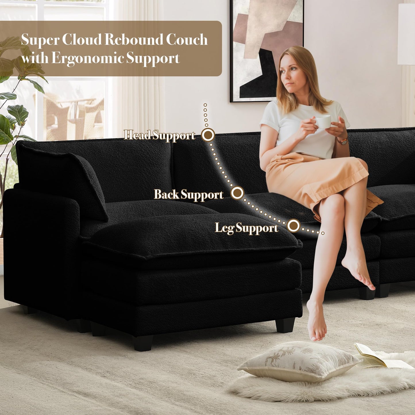 ROWHY 112'' Modular Sectional Cloud Couch with Movable Ottoman, 4 Seat Modern Chenille Sofa with 2 Throw Pillows, Deep Seat L Shaped Couch for Living Room Bedroom Apartment, Black