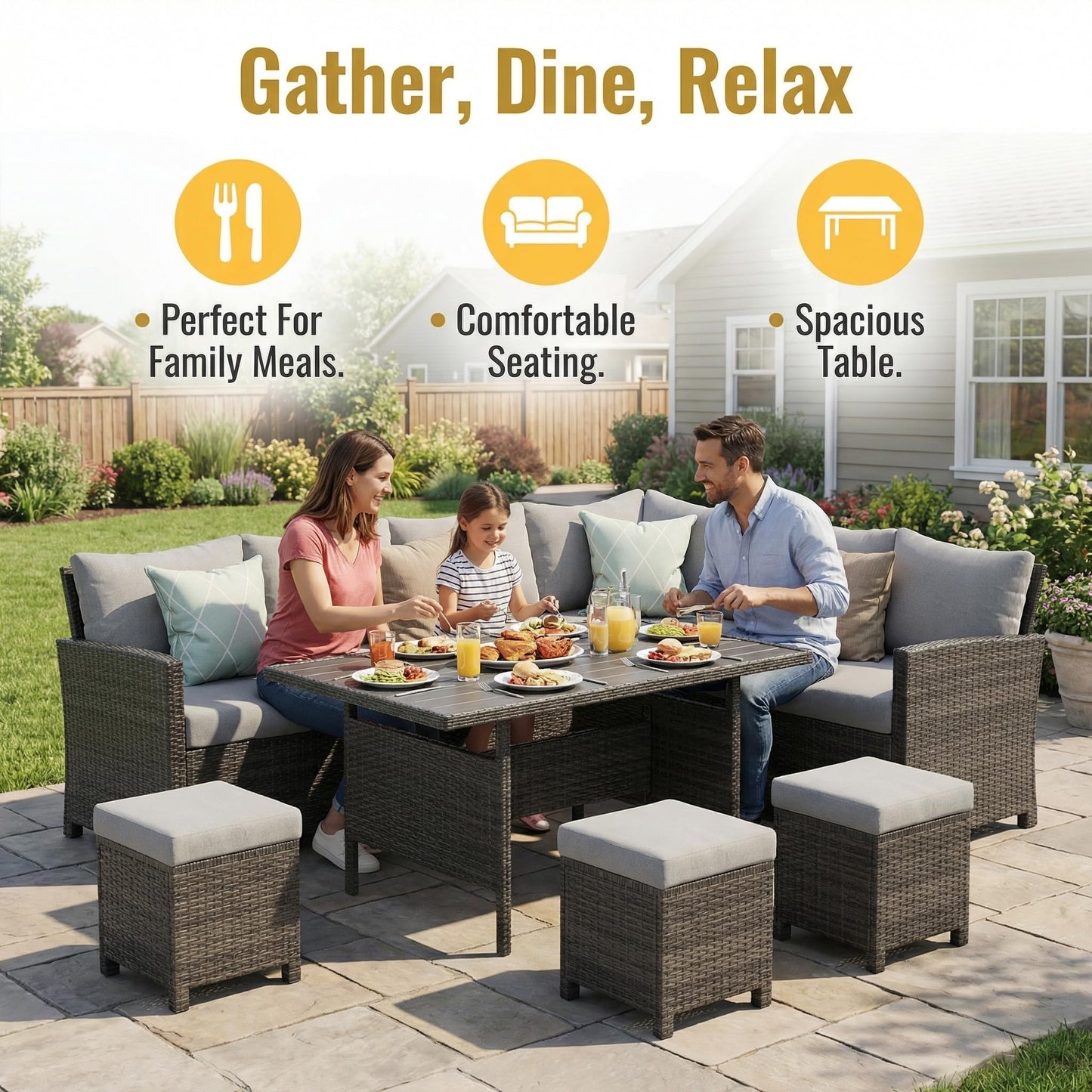 Wisteria Lane 7 Piece Patio Furniture Set, High Curved Back Wicker Patio Sectional, All Weather Outdoor Dining Set, Outdoor Furniture Patio Conversation Set with Ottoman, Grey