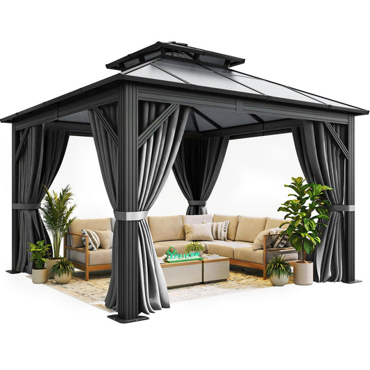 YITAHOME 10X10FT Polycarbonate Hardtop Gazebo Outdoor Patio Double Top Canopy Galvanized Iron Metal Column Garden Tent Curtains Netting for Backyards Decks Lawns,Gray