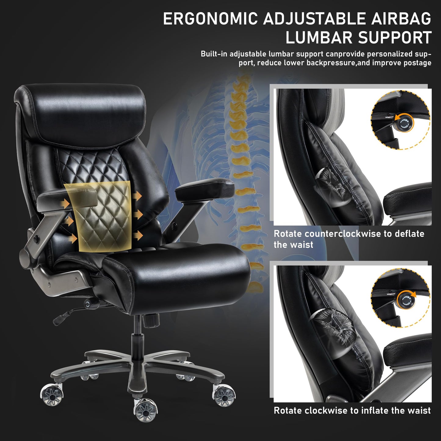 DYHOME 700LBS Heavy Duty Office Chair with 4D Armrest, Comfy Big and Tall Executive Office Desk Chair, Ergonomic Computer Chair with Pocket Spring Cushion & Lumbar Support, Dual Rubber Wheel (Black)