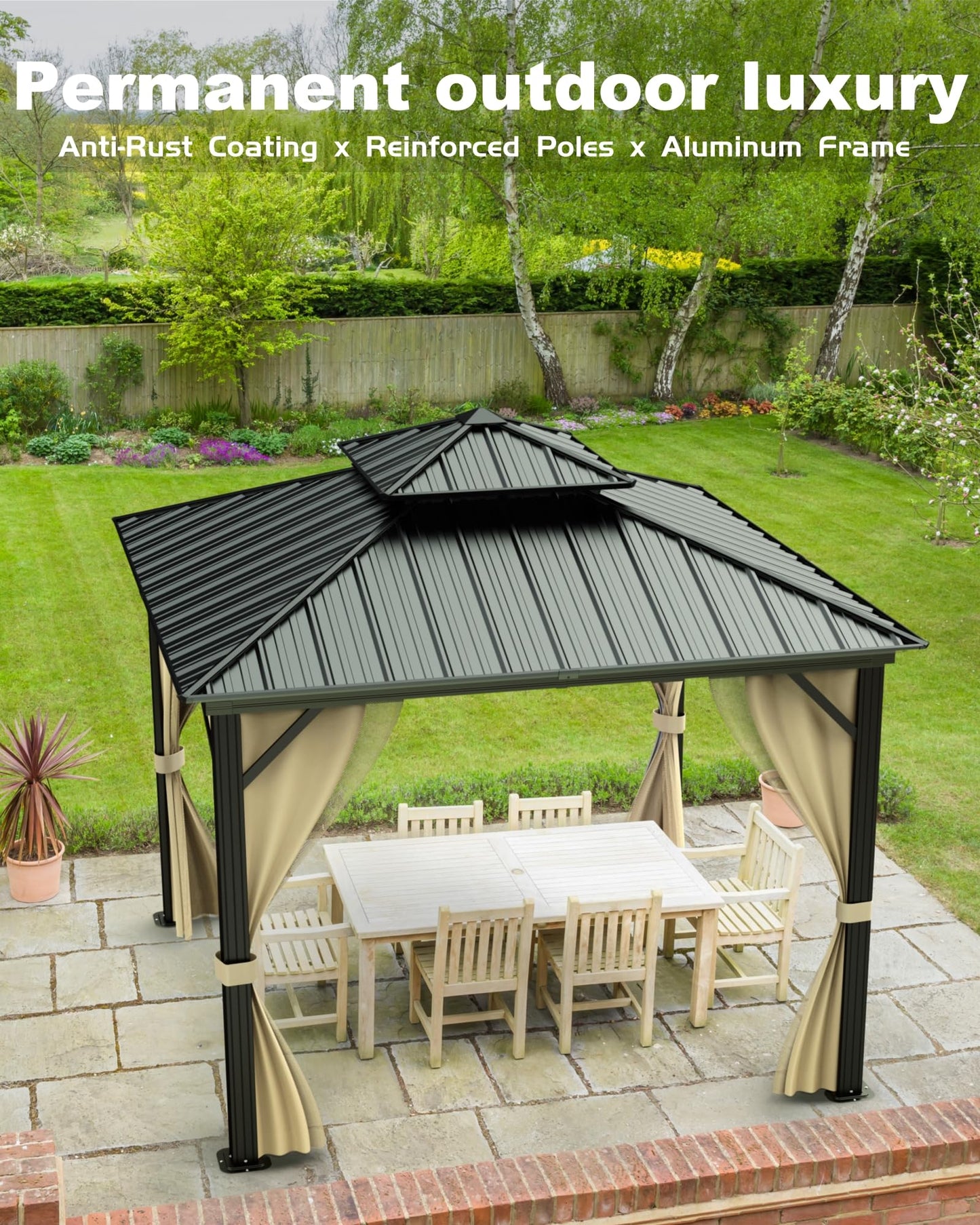 GarveeLife 10 ft x10 ft Hardtop Gazebo for All Weather, with Double Metal Roof, Aluminum Alloy Frame, Net, and Curtain, Permanent Building for Patio, Deck, Backyard, Lawn, and Garden
