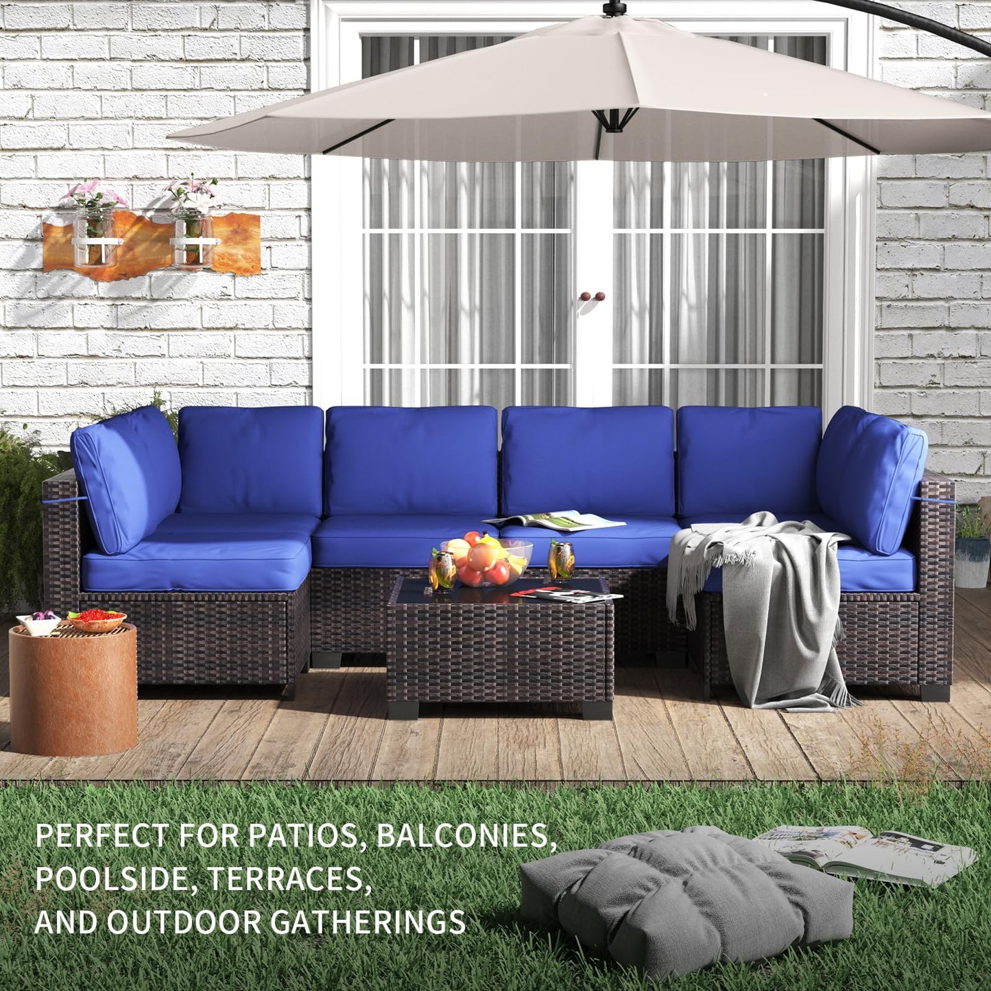 GAOMON 7 Pieces Outdoor Patio Furniture Sets, Rattan Conversation Set with Sectional Sofa, Chairs and Coffee Table, Waterproof Patio Conversation Sets (Brown & Navy Blue)