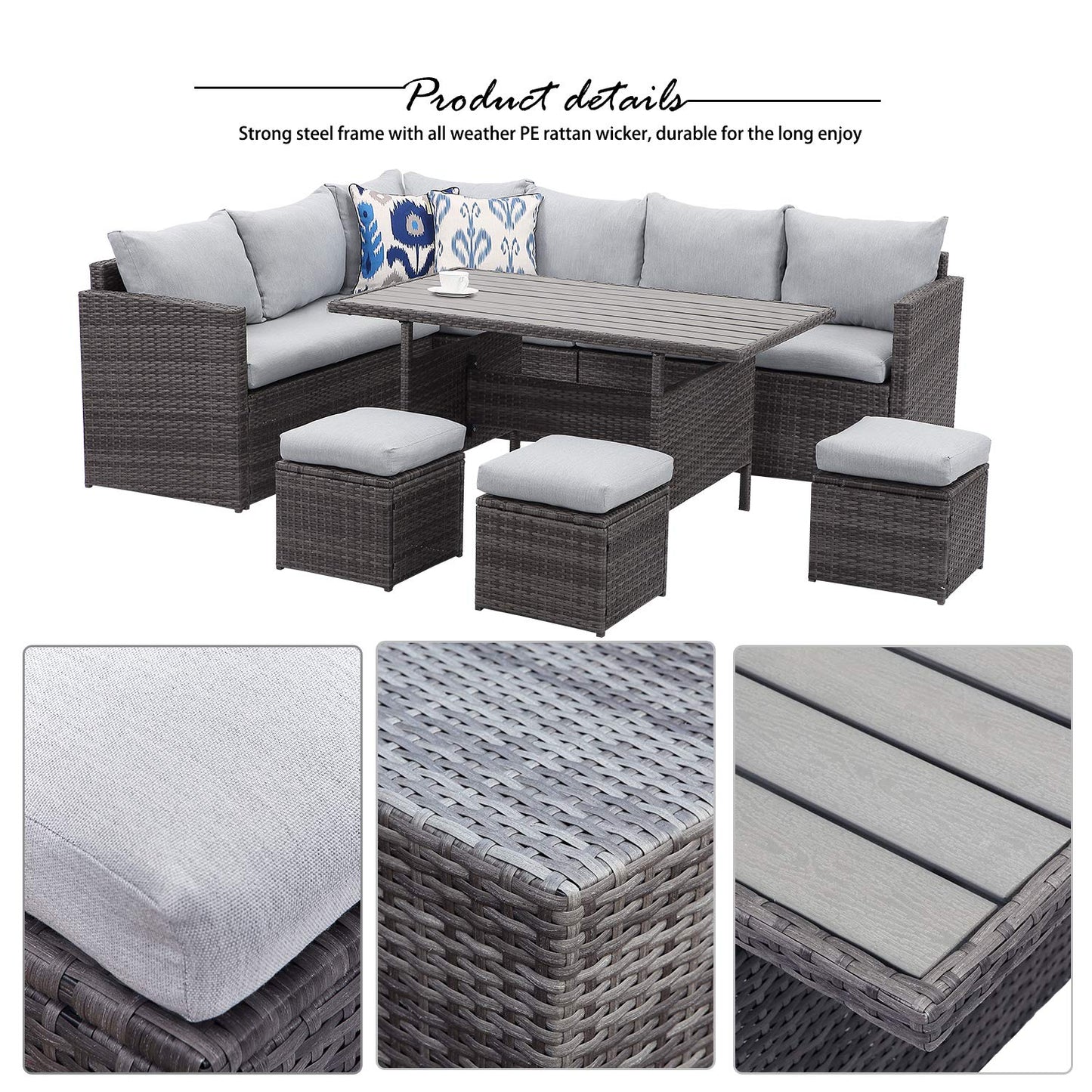 Wisteria Lane 7 Piece Patio Furniture Set, Wicker Patio Sectional with Wide Armrest, All Weather Outdoor Dining Set, Outdoor Furniture Patio Conversation Set with Ottoman, Light Grey