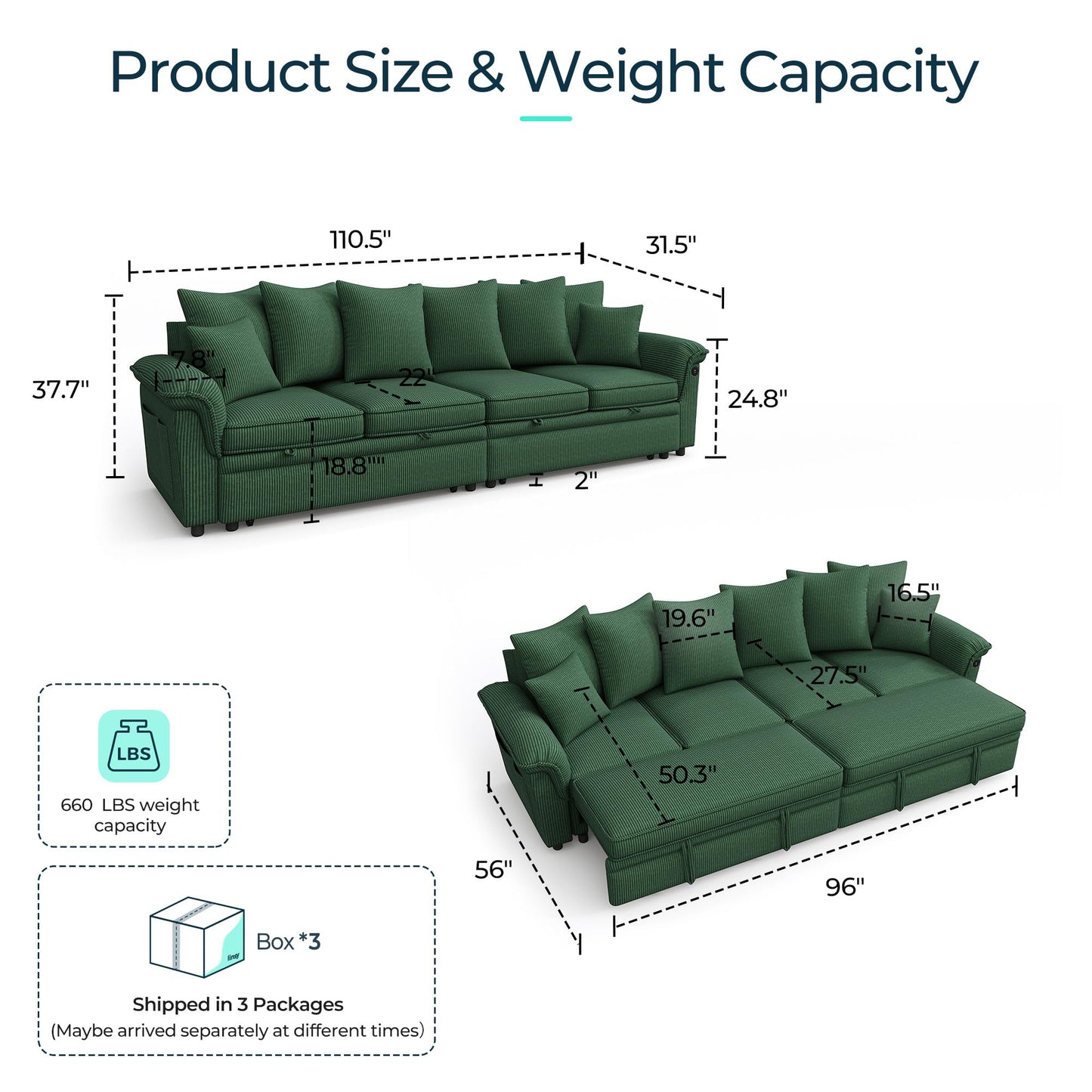 LINSY HOME Oversized Sectional Sleeper Sofa with Pull Out Couch Bed (Green, 110.5'')