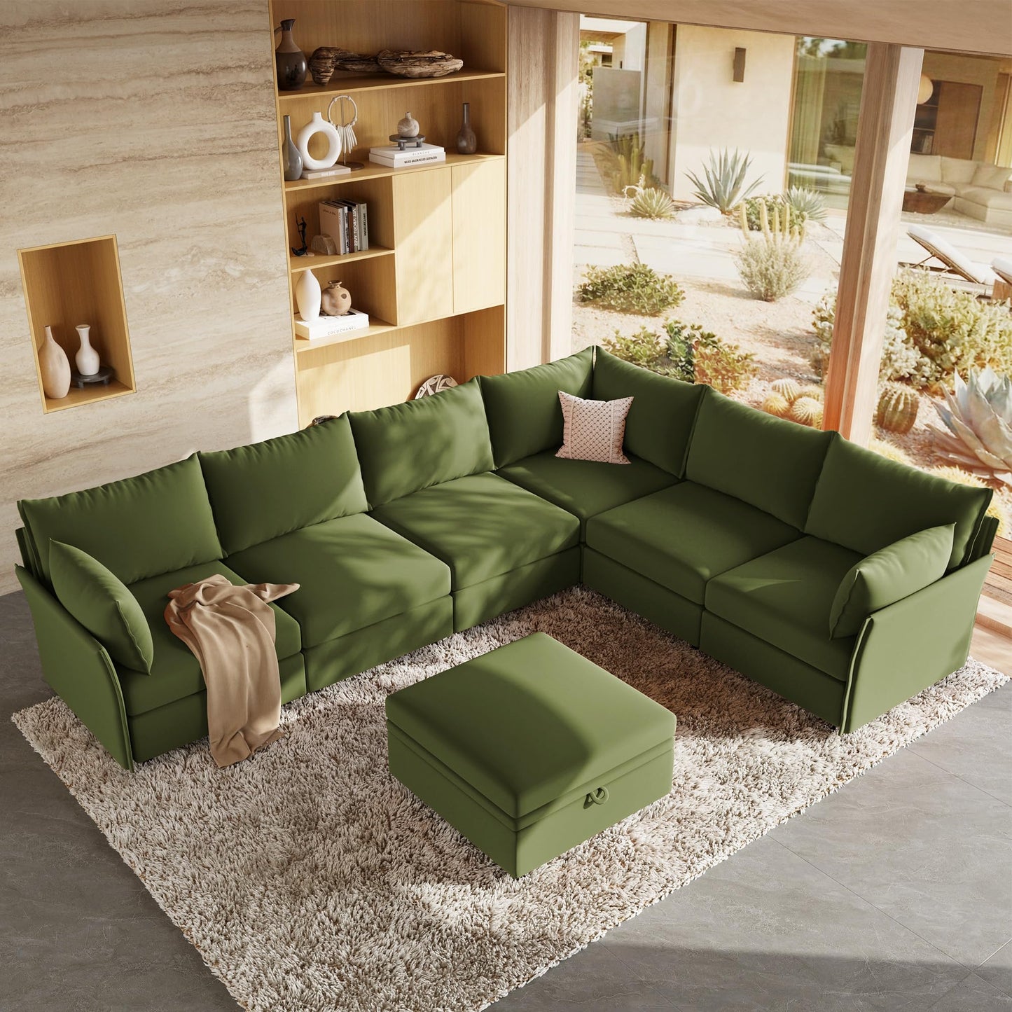 ABCASA 135.5" Velvet Modular Sectional Couch with Storage Ottoman, L-Shaped Sofa, 7-Seater Cloud Sectional with Removable Covers, Green
