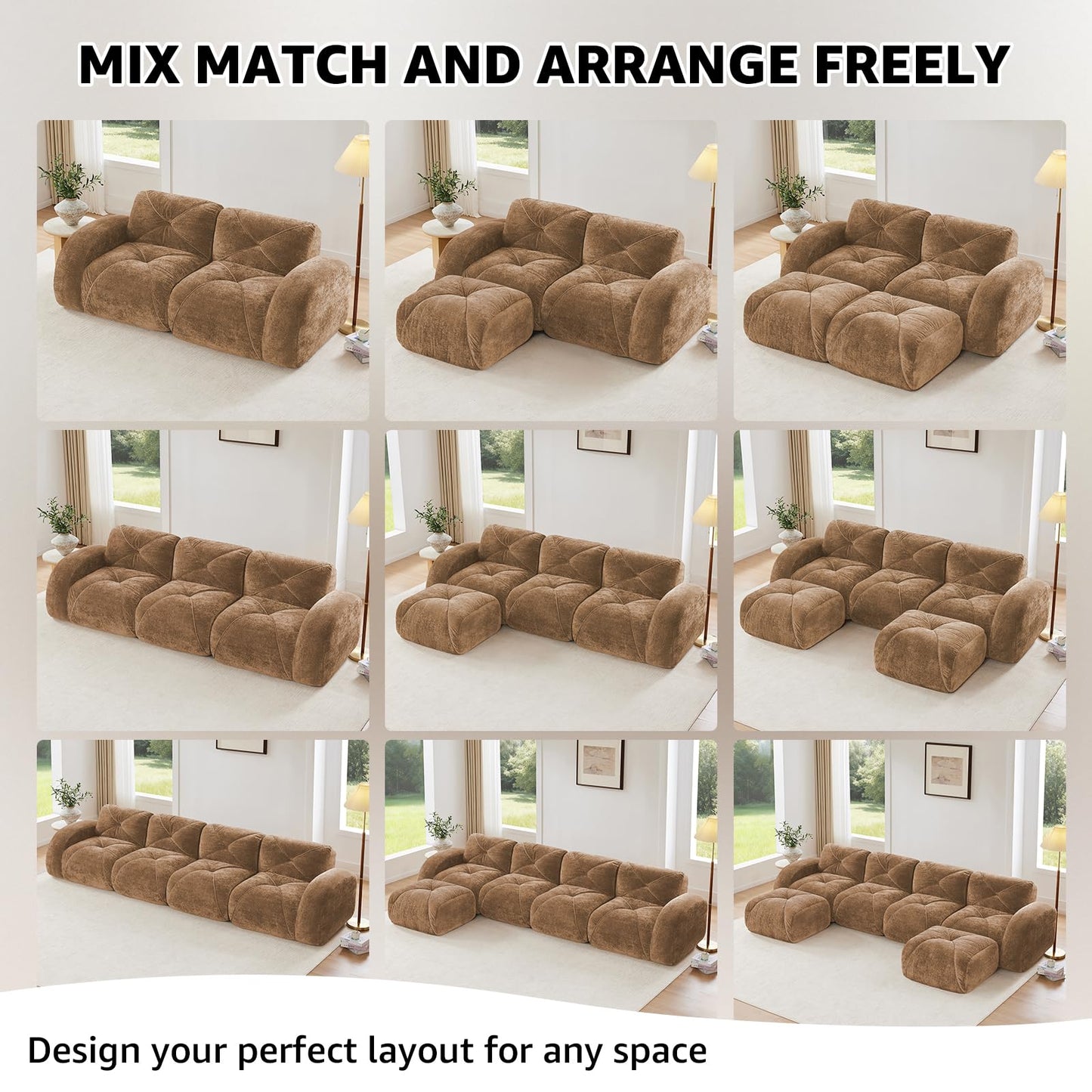 Camel L-Shaped Sectional Couches for Living Room, Velvet Fabric Boneless Couch, No Assembly Cloud Modular Sectional Sofa with 1 Ottoman, Foam Couch Compressed Sofa Set for Apartment, Sofas para Sala