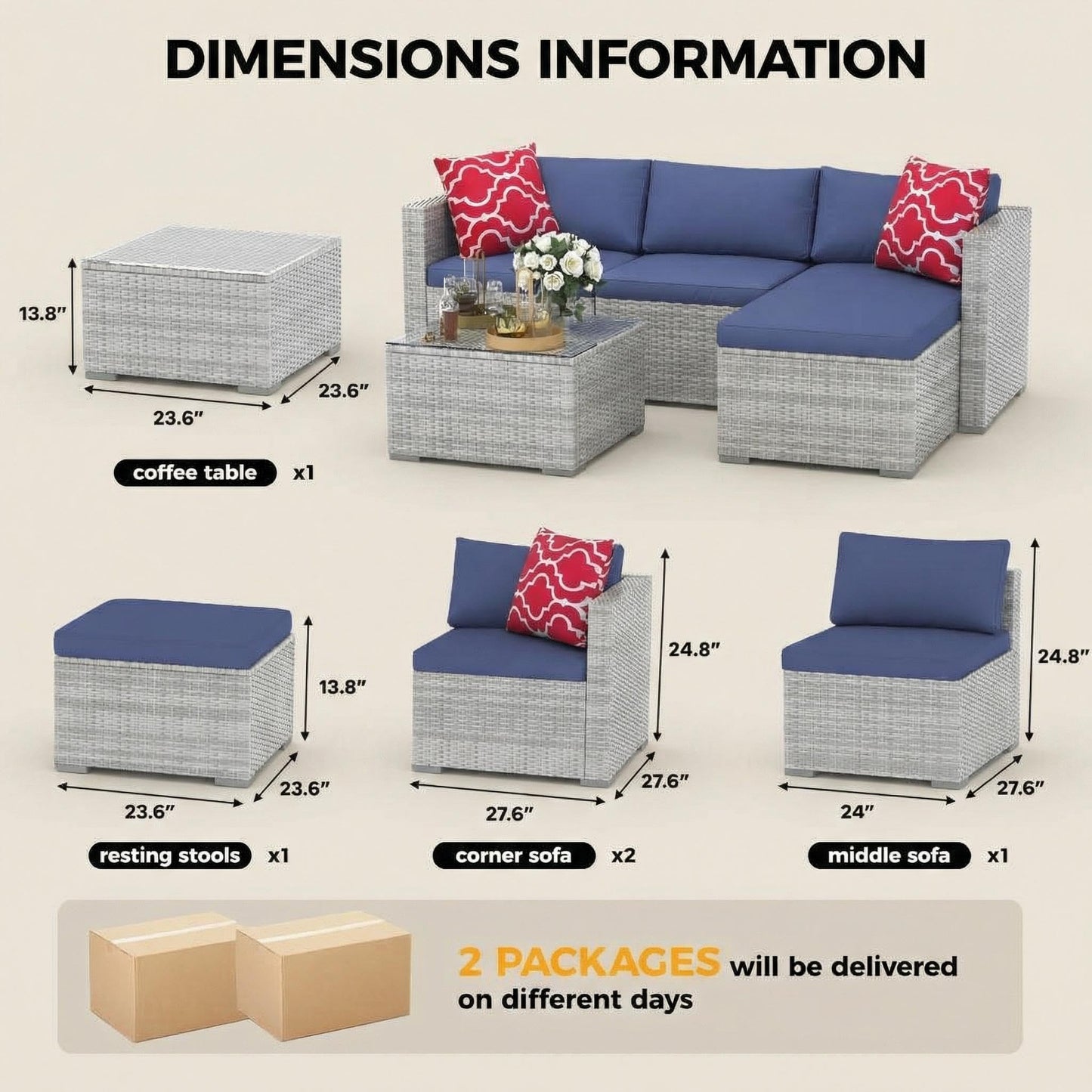 5-Piece Patio Sectional Sofa Set, All-Weather Brown PE Rattan Outdoor Conversation Furniture with Neutral-Tone Cushions, Glass Coffee Table & Footstool, Modular Design for Garden, Porch, Balcony, Pool