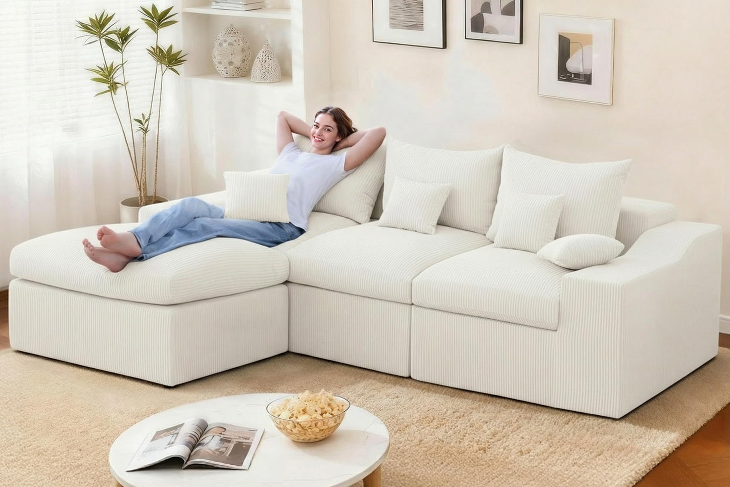 HABUTWAY 104" L Shaped Cloud Sectional Couch, Boneless Modular Sectional Sofa with Deep Seat, Corduroy Couches for Living Room, Modular Couch, No Assembly Required (Beige)