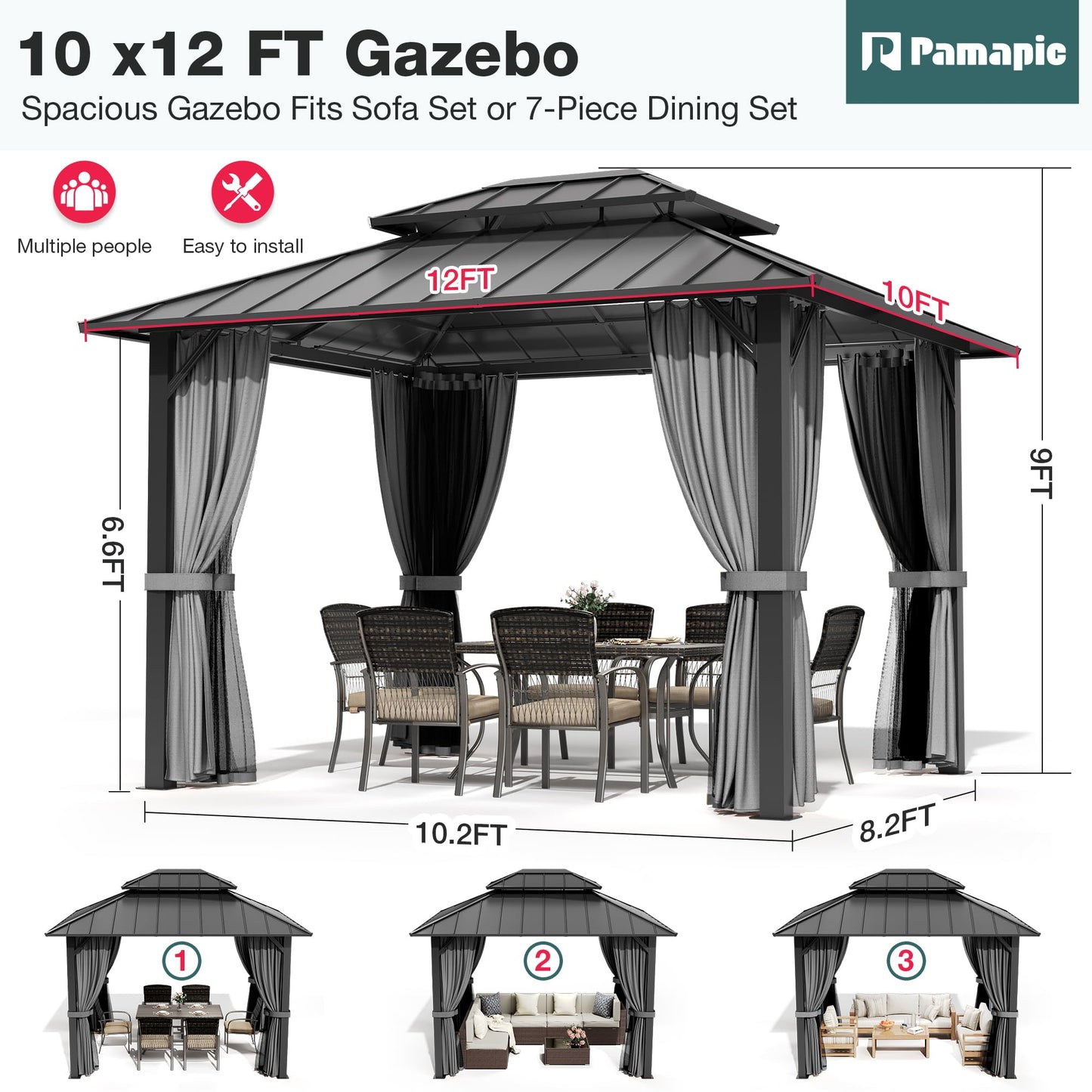 PAMAPIC 10x12FT Hardtop Gazebo,Galvanized Steel Double Roof with Aluminum Frame,Outdoor Permanent Pavilion with Breathable Netting & Privacy Curtain for Patio,Backyard,Deck,Lawn,Gray