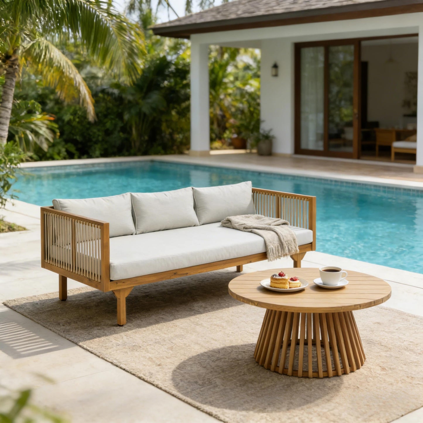 Merax Outdoor Acacia Wood Conversation Set - Patio 3-Seat Loveseat Sofa w/Coushion and Round Coffee Table for Backyard, Lawn, Balcony, Water Repellent, 600 lbs Sofa Capacity, Teak +Light Gray
