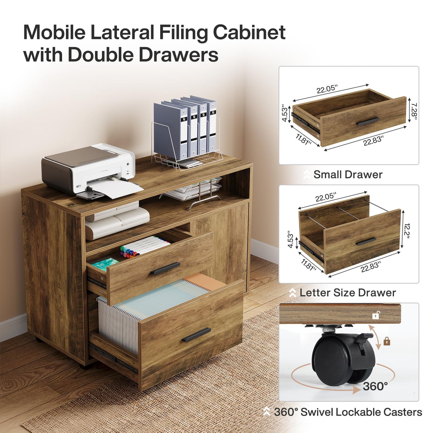 Tribesigns L Shaped Desk with Drawer Cabinet, 63" Executive Computer Desk and lateral File Cabinet, 2 Piece Home Office Furniture with Drawers for Hanging, Door (Rustic Brown, 63 inches)