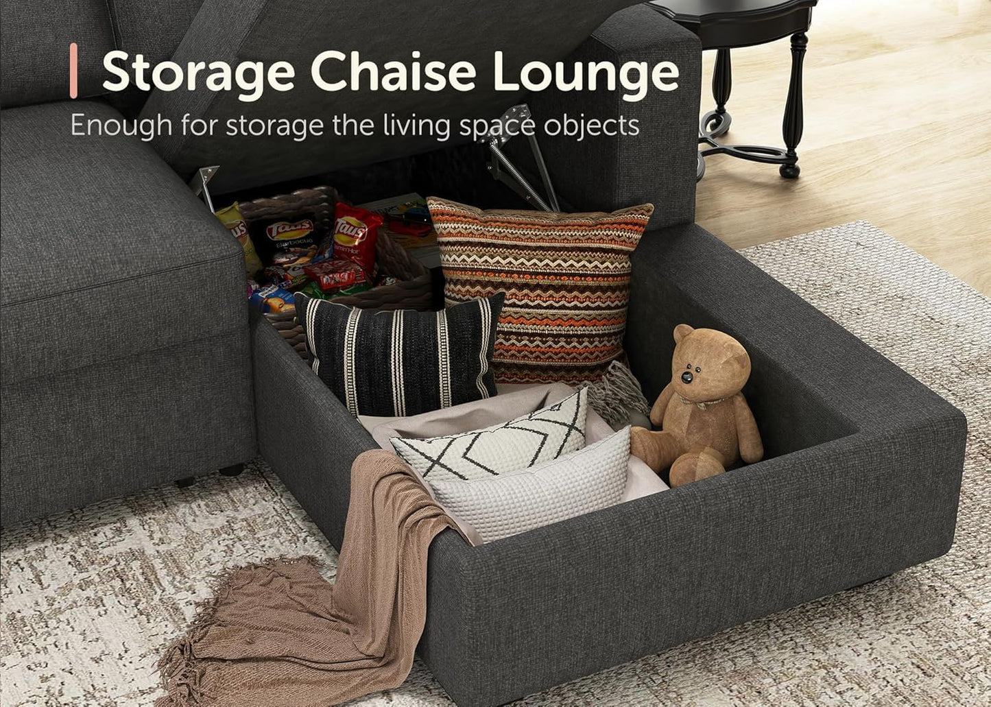 HONBAY Sectional Sleeper Sofa with Pull-Out Bed Storage Chaise, 6 Seaters Couch for Living Room, Light Grey
