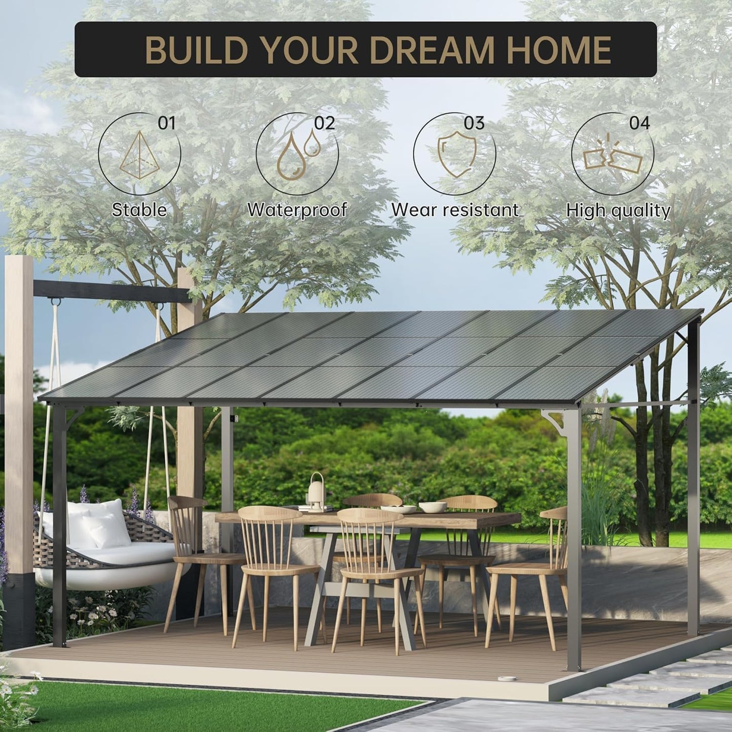 10'X20' Hardtop Wall Mounted Gazebo with Gutters & Galvanized Steel Roof, 60MPH Wind Resistance, Lean to Gazebo Pergola with Sloped Roof for Deck, Porch, Backyard and More, Black