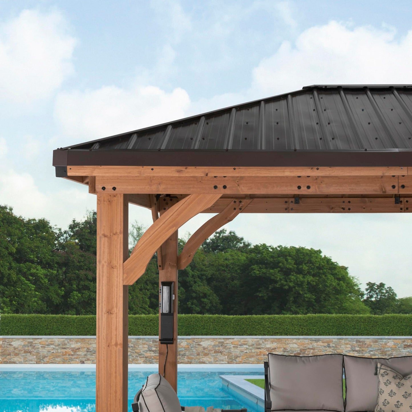 Backyard Discovery Barrington 10' x 10' Cedar Wood Outdoor Gazebo Pavilion with Hardtop Galvanized Steel Hip Roof, Snow Support, Wind Resistance, PowerPort, Shade for Garden, Patio, Deck, Entertaining