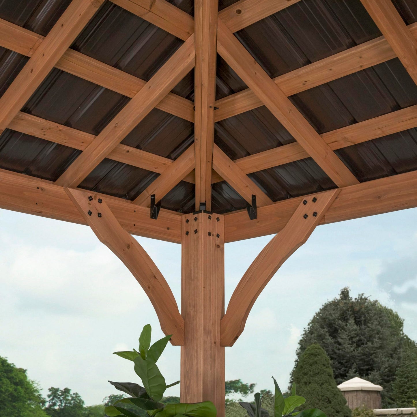 Backyard Discovery Barrington 10' x 10' Cedar Wood Outdoor Gazebo Pavilion with Hardtop Galvanized Steel Hip Roof, Snow Support, Wind Resistance, PowerPort, Shade for Garden, Patio, Deck, Entertaining