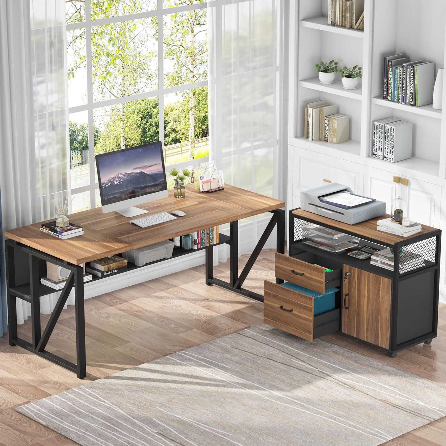 Tribesigns 63" Executive with Drawer Cabinet, L Shaped Desk and Lock lateral File Cabinet, 2 Piece Home Office Furniture Set with Drawers for Hanging File, (Brown, 63 inches)