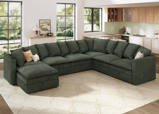 HONBAY Modular Sectional Sofa with Ottoman, 7 Seat U Shaped Couch with Storage & Pillows, 137 Inch Oversized Sectional Sofa for Living Room, Green