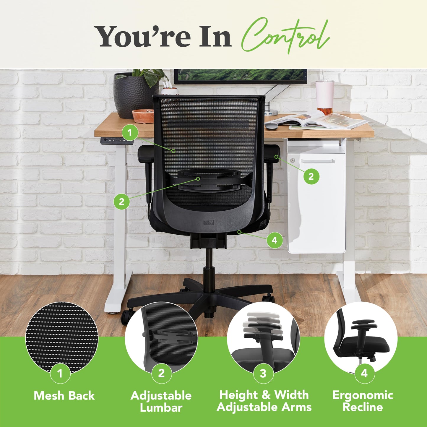 HON Convergence Ergonomic Office Chair with Mesh Back, Vinyl Seat Cushion, Adjustable Arms, Lumbar Support, Synchro‑Tilt Swivel Desk Chair with Wheels for Home Office, Black Frame, Black