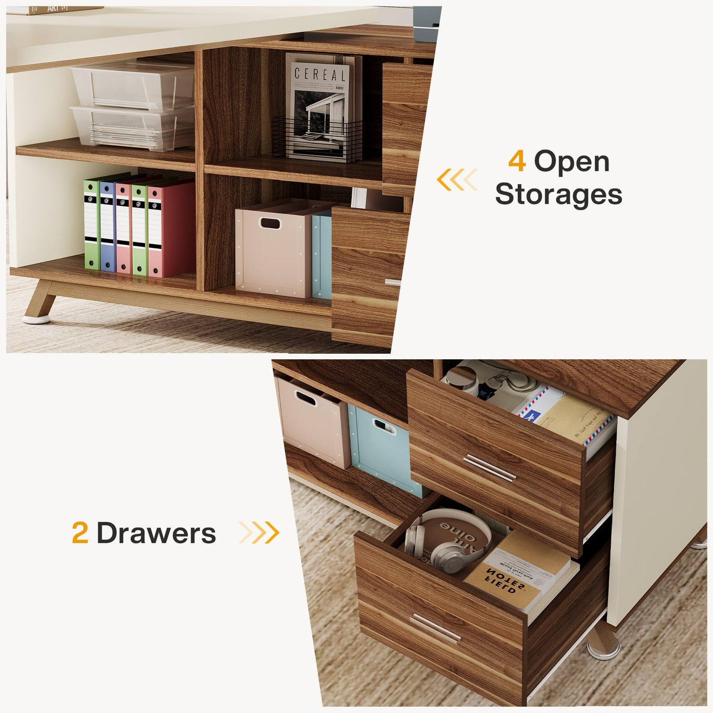 Tribesigns 78.7-Inch Executive Desk, L-Shaped Desk with 55-Inch Cabinet, Large Office Desk with Storage Shelves, Modern Computer Desk for Home Office, White & Walnut
