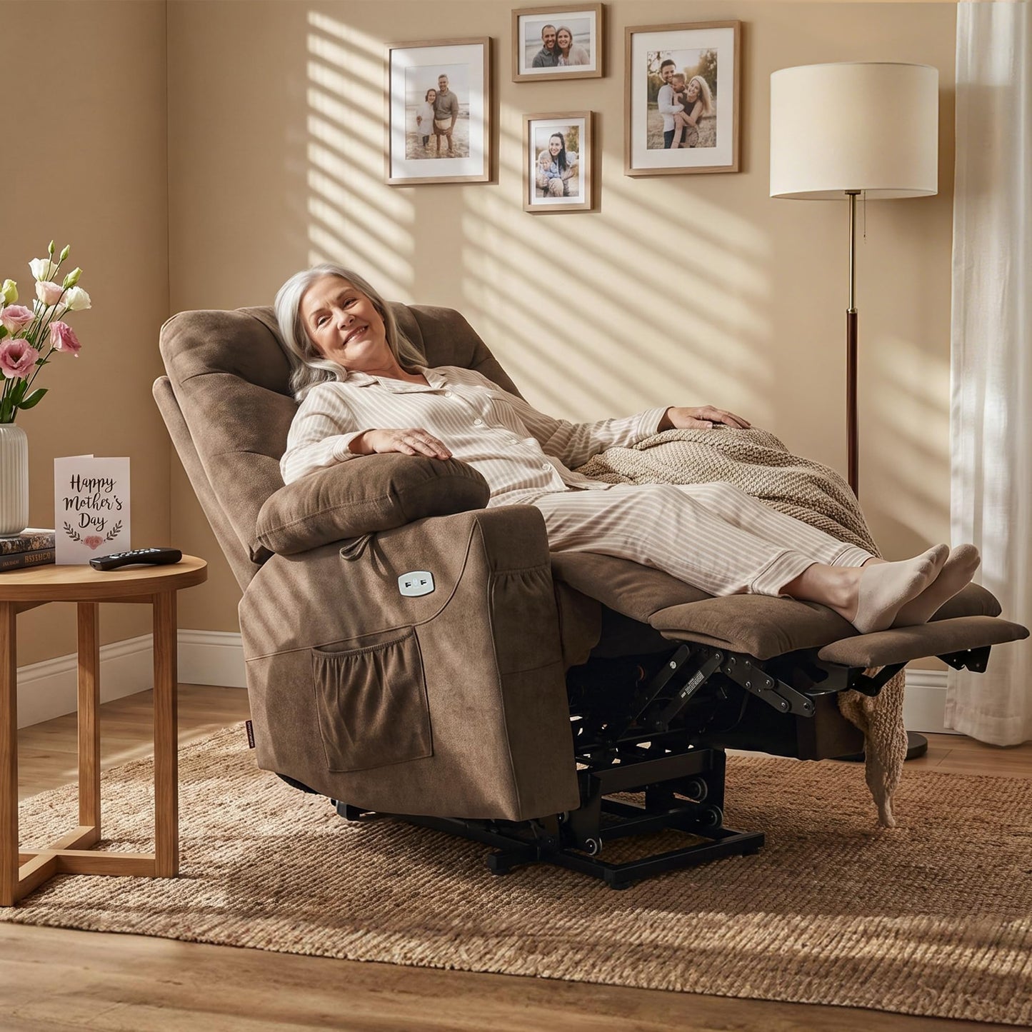 MCombo Power Lift Recliner Chair with Extended Footrest for Elderly People, Fabric 7287/7087 (Brown, Medium)