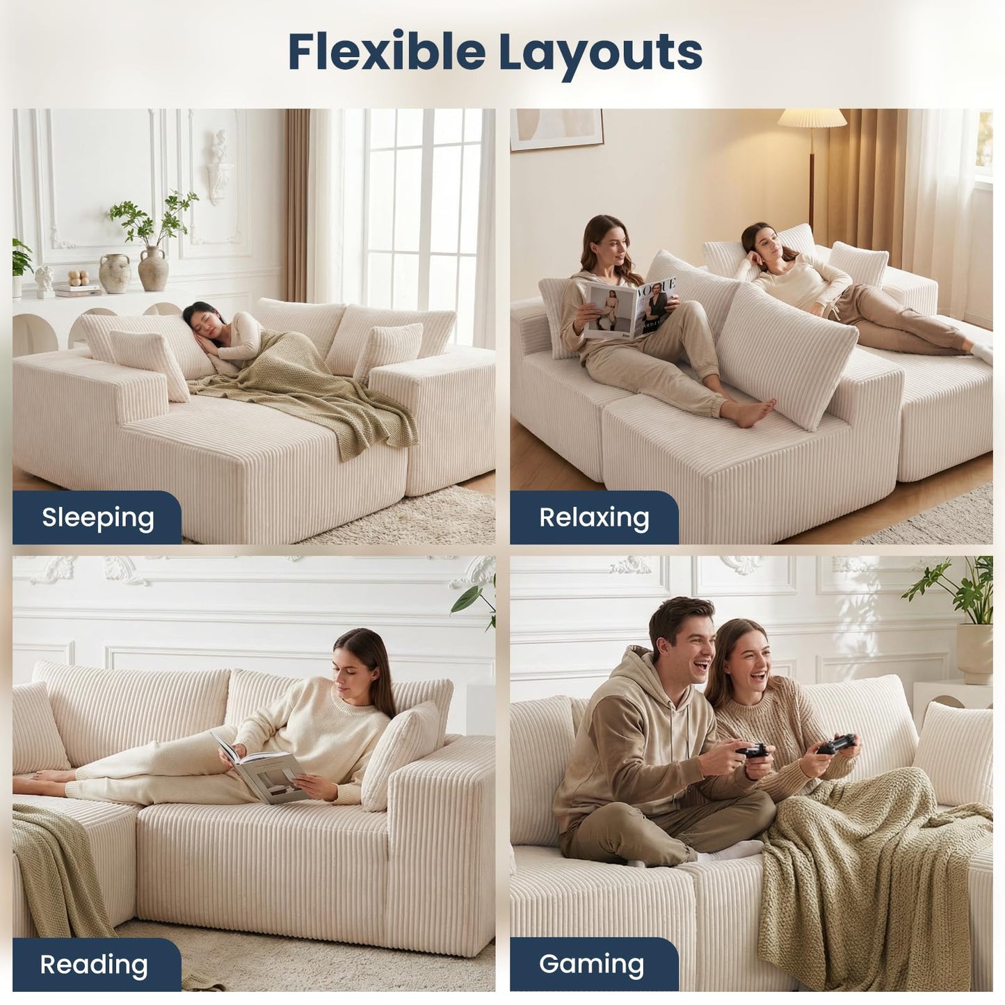 DUMOS 108” Modular Sectional Sofa, Cloud Sectional Couch with Deep Seat, Modern Modular L-Shape Sofa Couch with Chaise,Upholstered Boneless Couches for Living Room Bedroom (Beige,Left Facing Chaise)