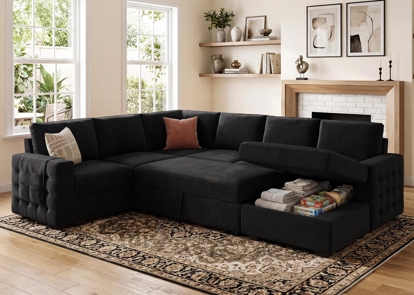HONBAY Sectional Sleeper Sofa with Pull-Out Bed Storage Chaise, 6 Seater Couch for Living Room, Black