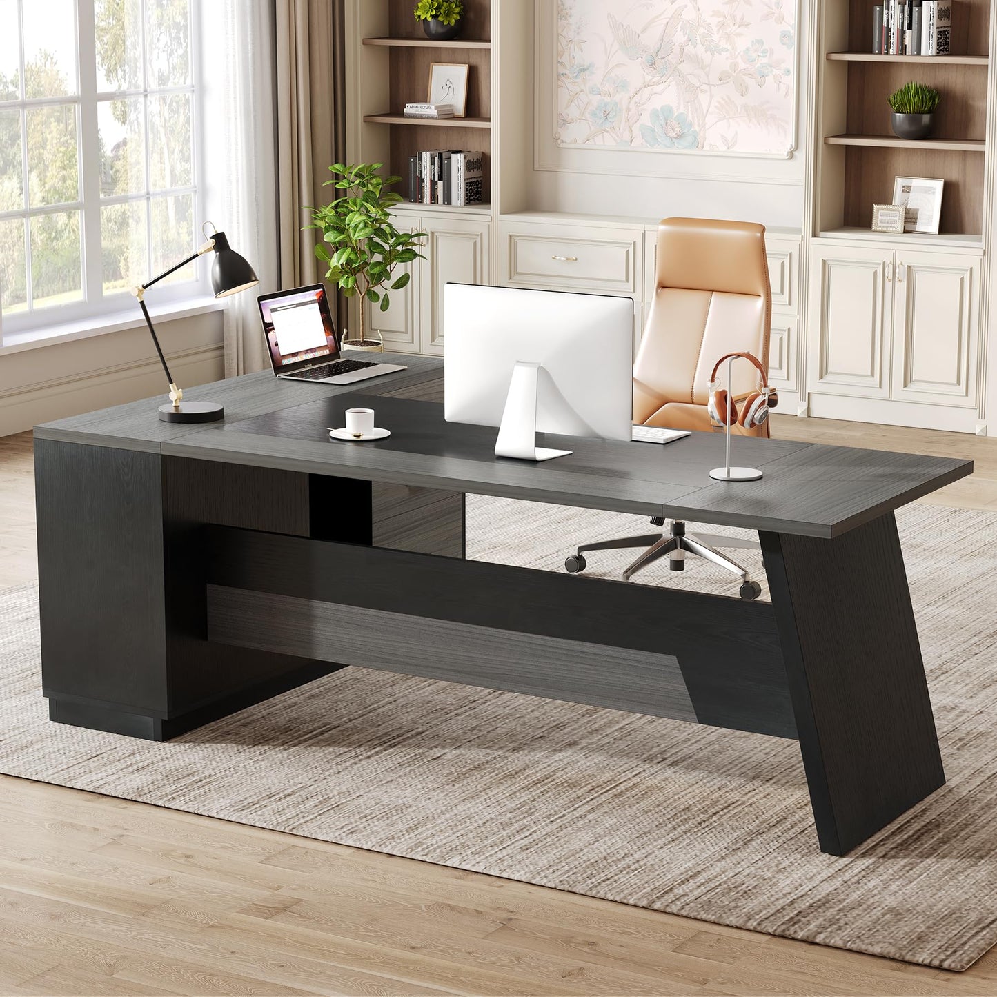 LITTLE TREE 78-Inch Executive Office Desk with File Cabinet, Large Modern Corner Office Desk for Home Office, 3-Drawer Wood File Cabinet, Spacious Workstation for Home Office (Grey & Black)