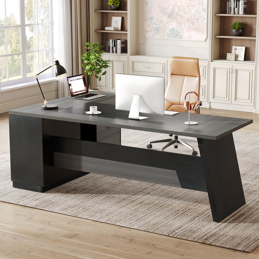 LITTLE TREE 78-Inch Executive Office Desk with File Cabinet, Large Modern Corner Office Desk for Home Office, 3-Drawer Wood File Cabinet, Spacious Workstation for Home Office (Grey & Black)